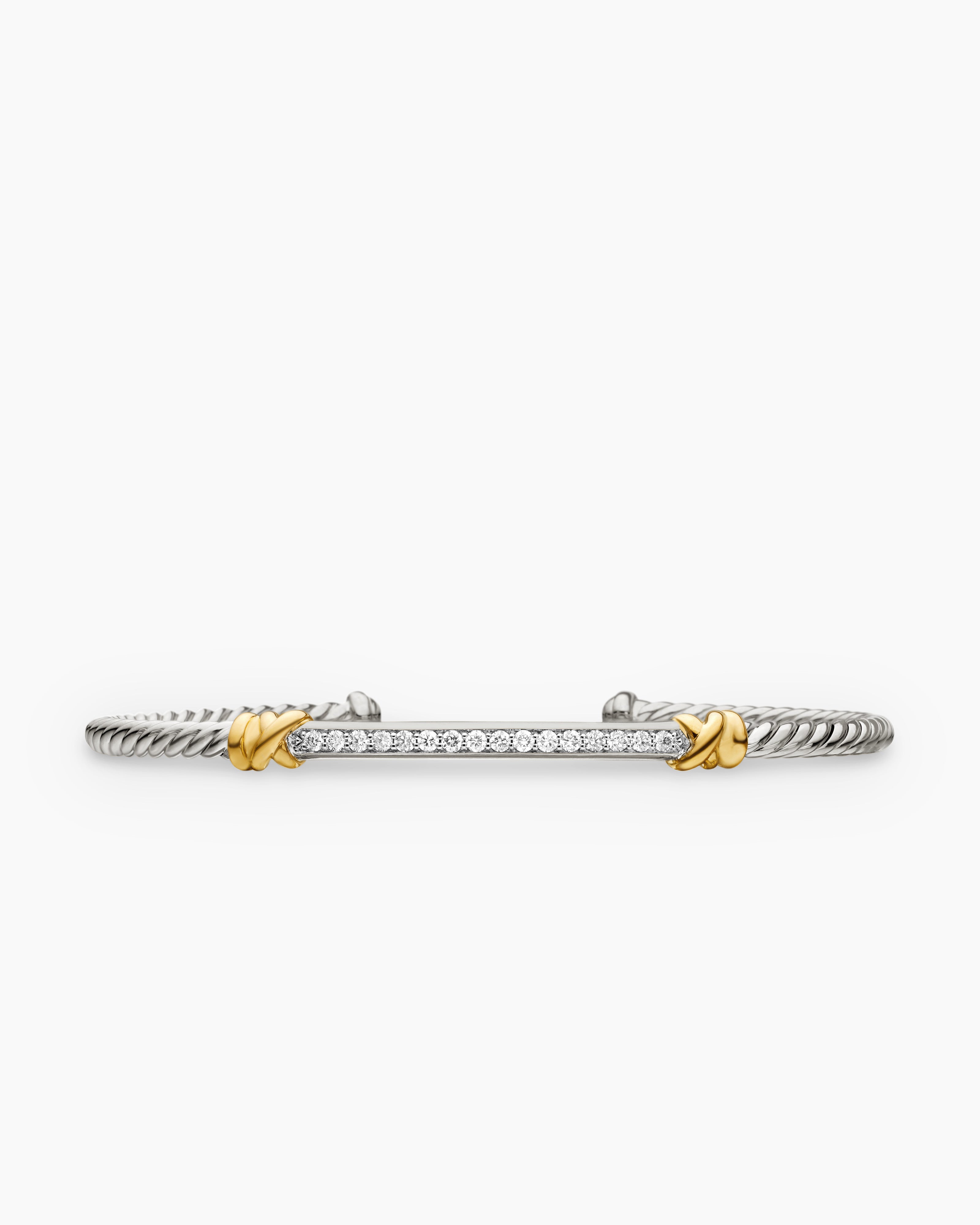 Womens Petite Helena Classic Cable Station Bracelet in Sterling Silver with 18K Yellow Gold and Diamonds, 3mm