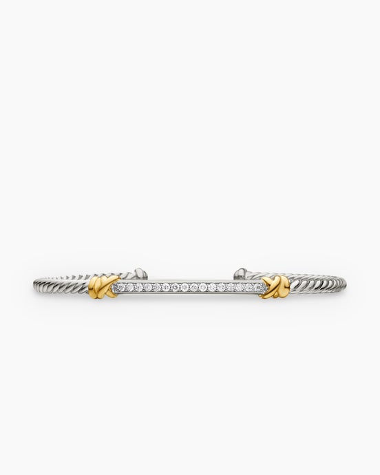 Petite Helena Classic Cable Station Bracelet in Sterling Silver with 18ct Yellow Gold with Diamonds, 3mm