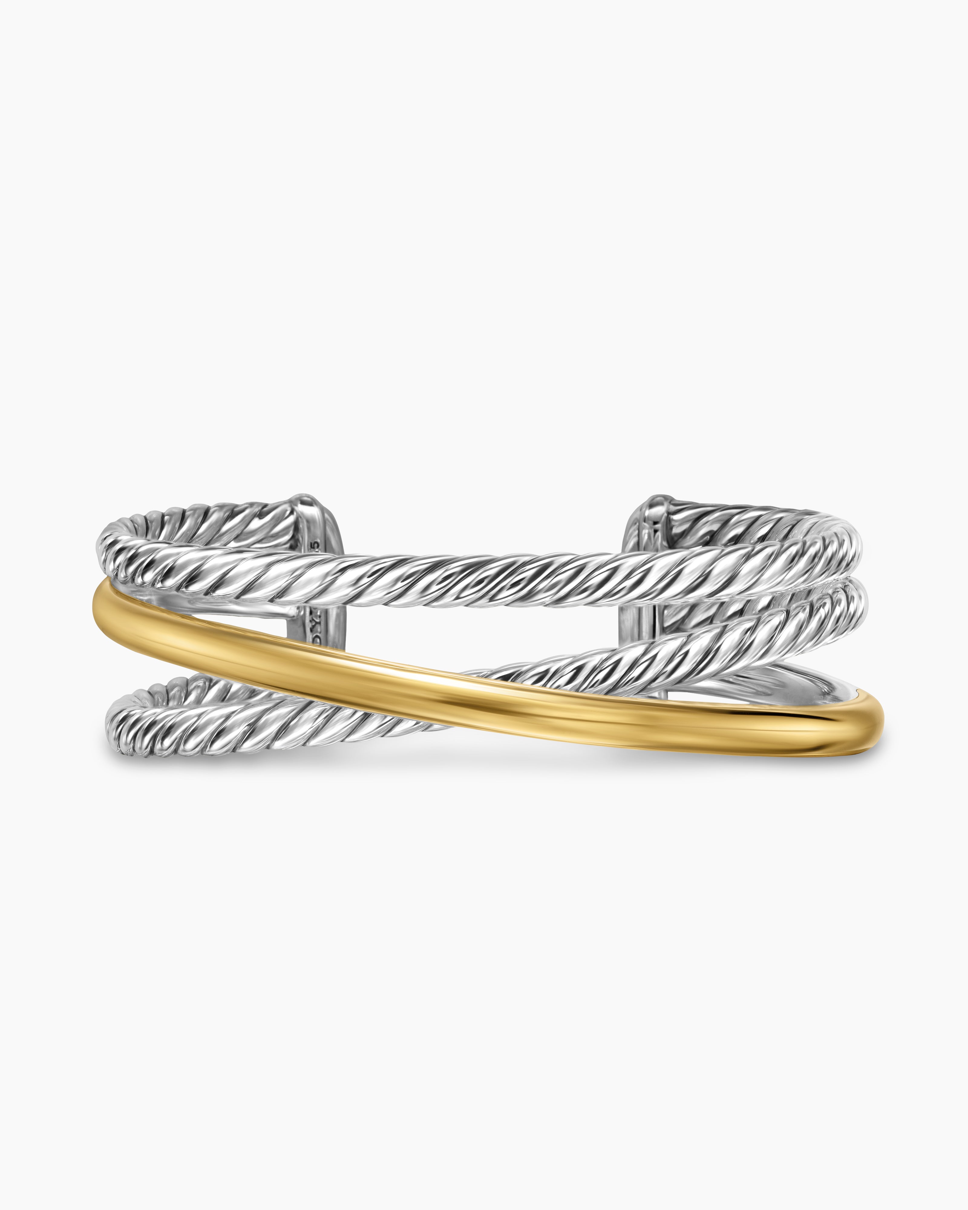 Bracelet manchette &agrave; trois rangs Crossover audacieux en argent massif avec or jaune 14 carats, 19 mm femme 