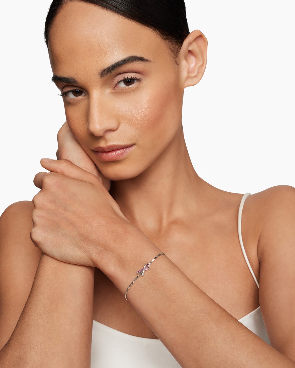 Womens Cable Collectibles® Ribbon Chain Bracelet in Sterling Silver with Pavé Pink Sapphires, 1.5mm