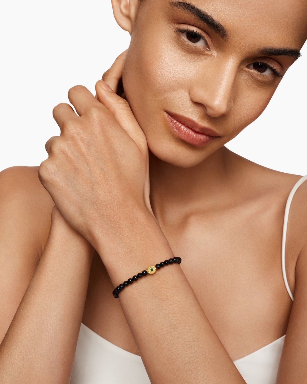 Womens Bijoux Spiritual Beads Evil Eye Bracelet with Black Onyx, Emerald and 14K Yellow Gold, 4mm