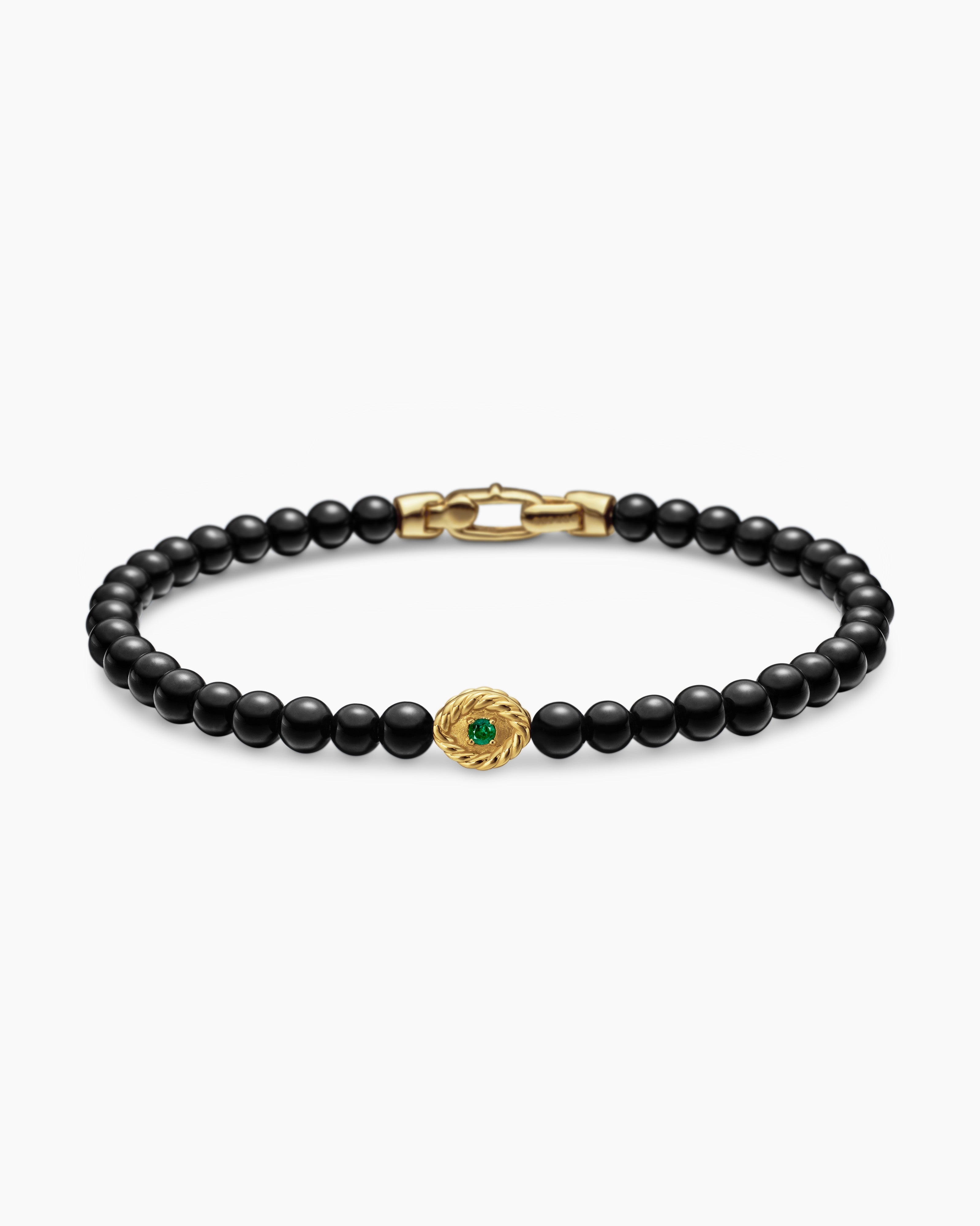 Womens Bijoux Spiritual Beads Evil Eye Bracelet with Black Onyx, Emerald and 14K Yellow Gold, 4mm
