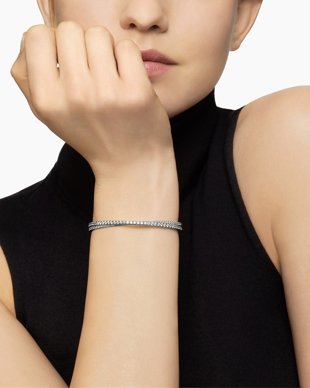 Womens Pavé Crossover Two Row Bracelet in 18K White Gold, 5.5mm
