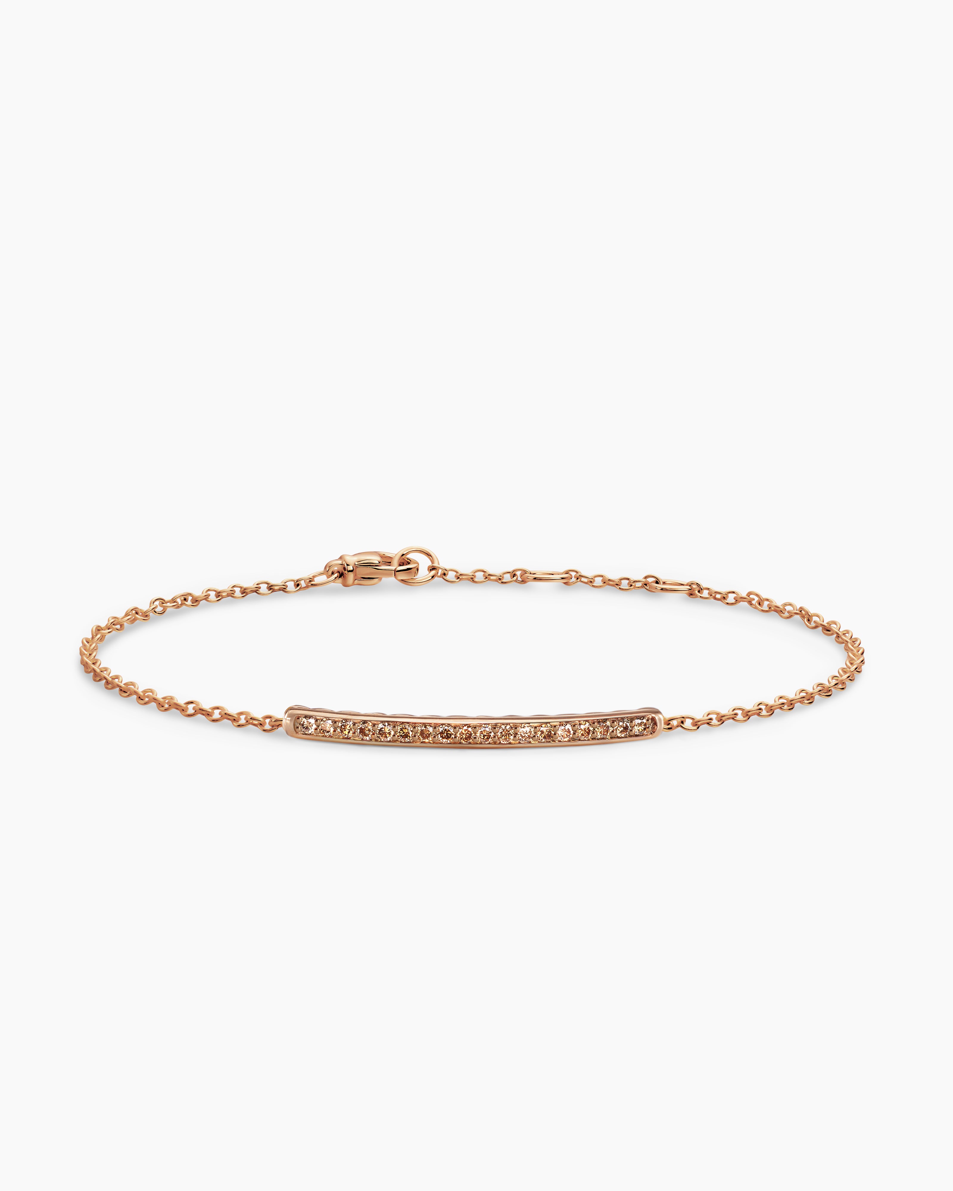 Womens Petite Pav&eacute; Bar Bracelet in 18K Rose Gold with Cognac Diamonds, 1.7mm