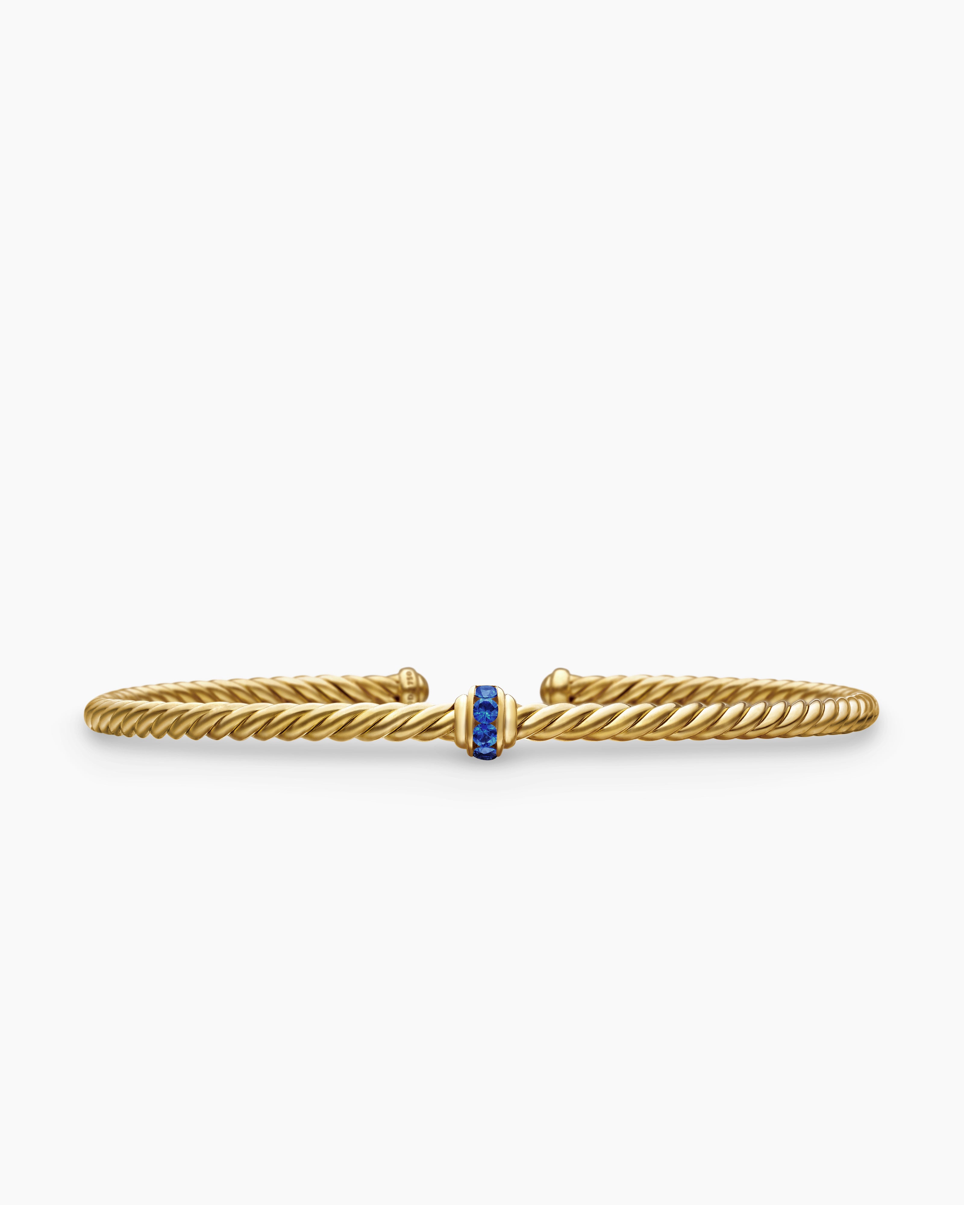 Womens Classic Cablespira&reg; Flex Station Bracelet in 18K Yellow Gold with Pav&eacute; Blue Sapphires, 3mm
