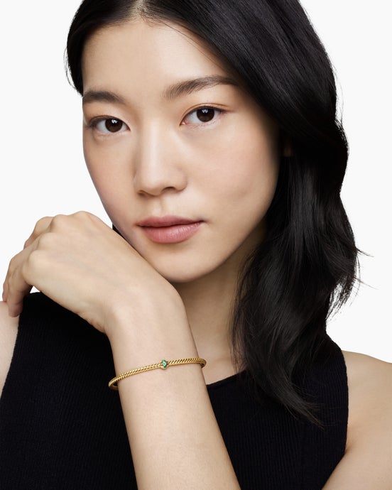 Classic Cablespira® Flex Station Bracelet in 18K Yellow Gold with Pavé Emeralds, 3mm
