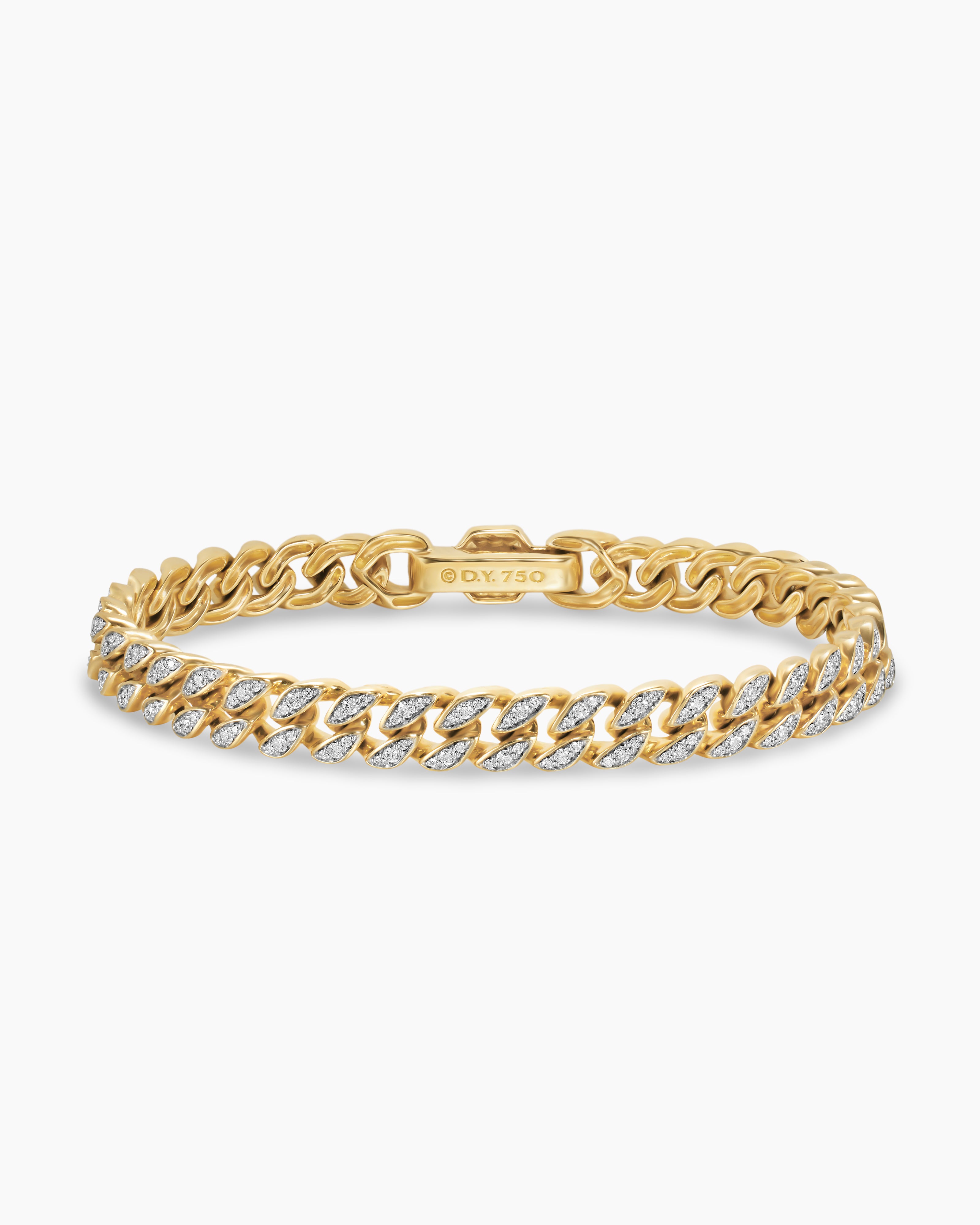 Womens Curb Chain Bracelet in 18K Yellow Gold with Diamonds, 7mm