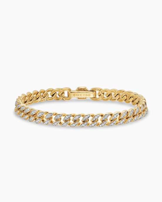 Curb Chain Bracelet in 18K Yellow Gold with Diamonds, 7mm