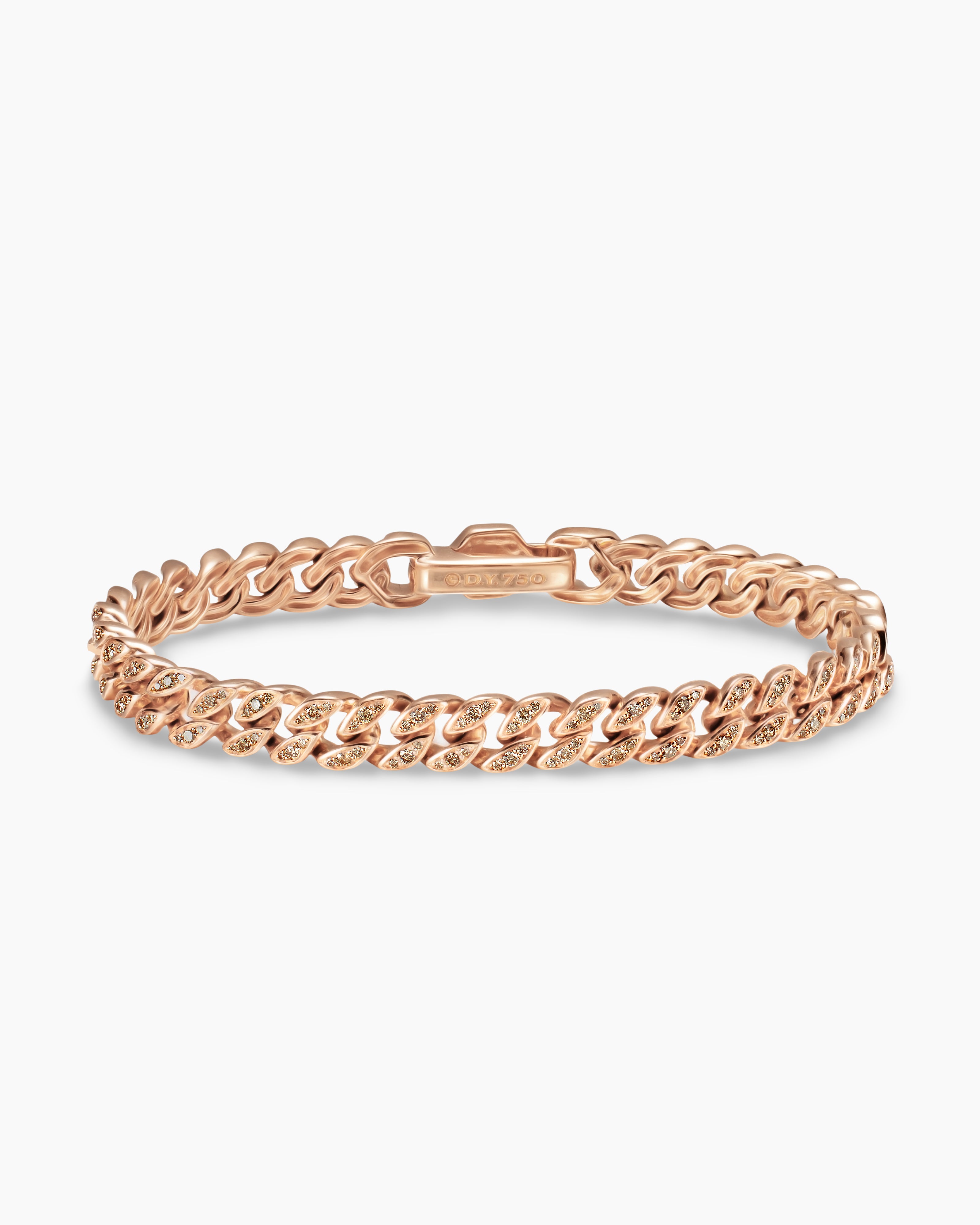 Womens Curb Chain Bracelet in 18K Rose Gold with Diamonds, 7mm