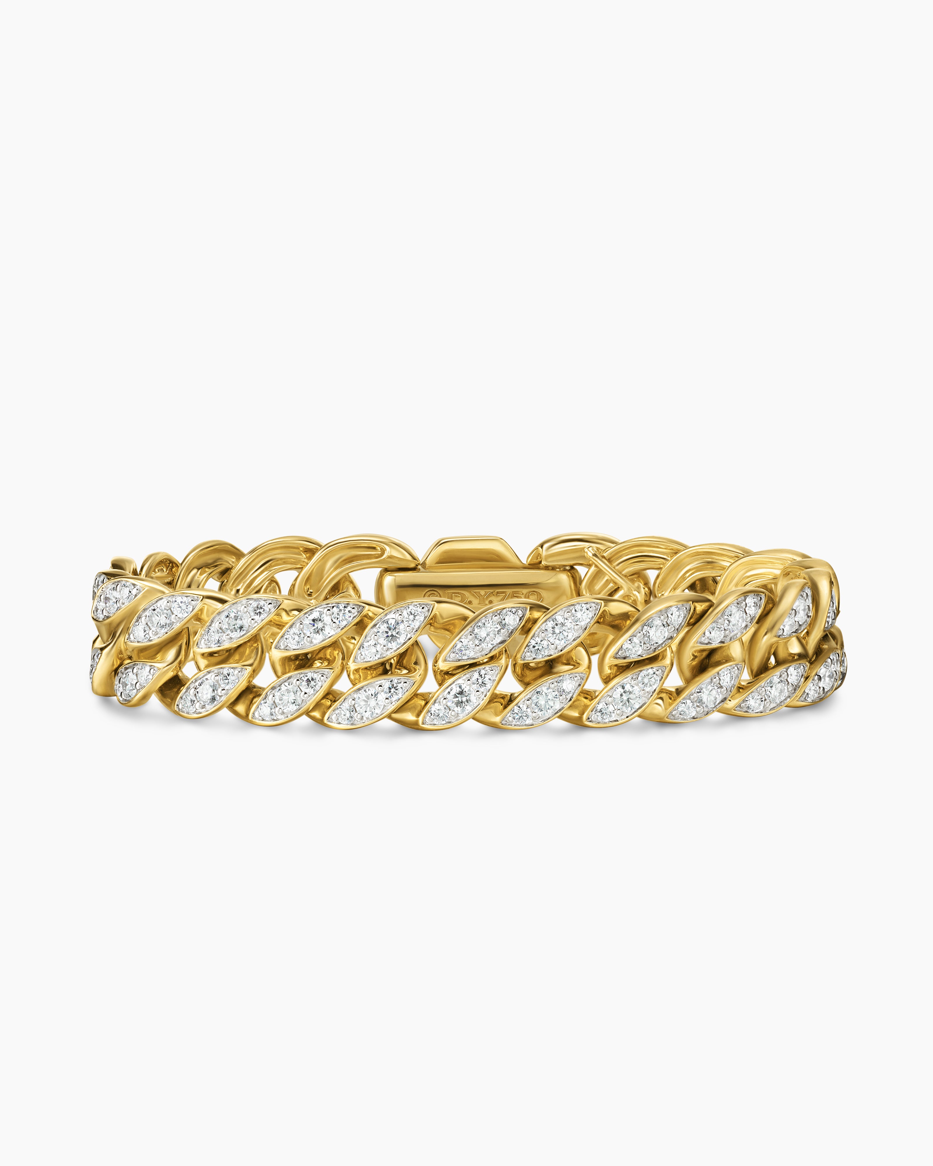 Womens Curb Chain Bracelet in 18K Yellow Gold with Diamonds, 11.5mm