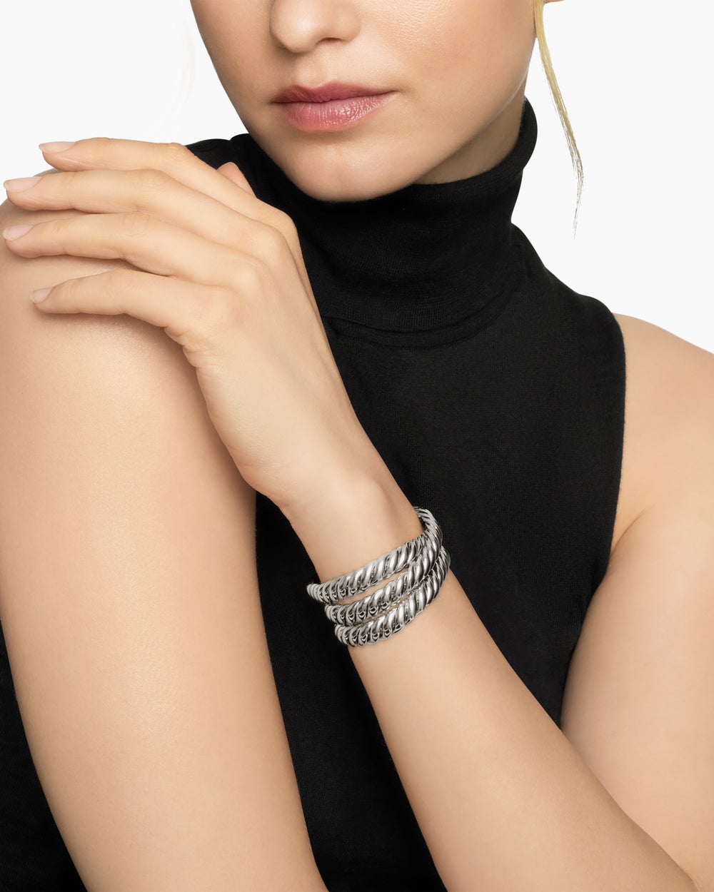 Womens Sculpted Cable Triple Wrap Bracelet in Sterling Silver, 8.5mm