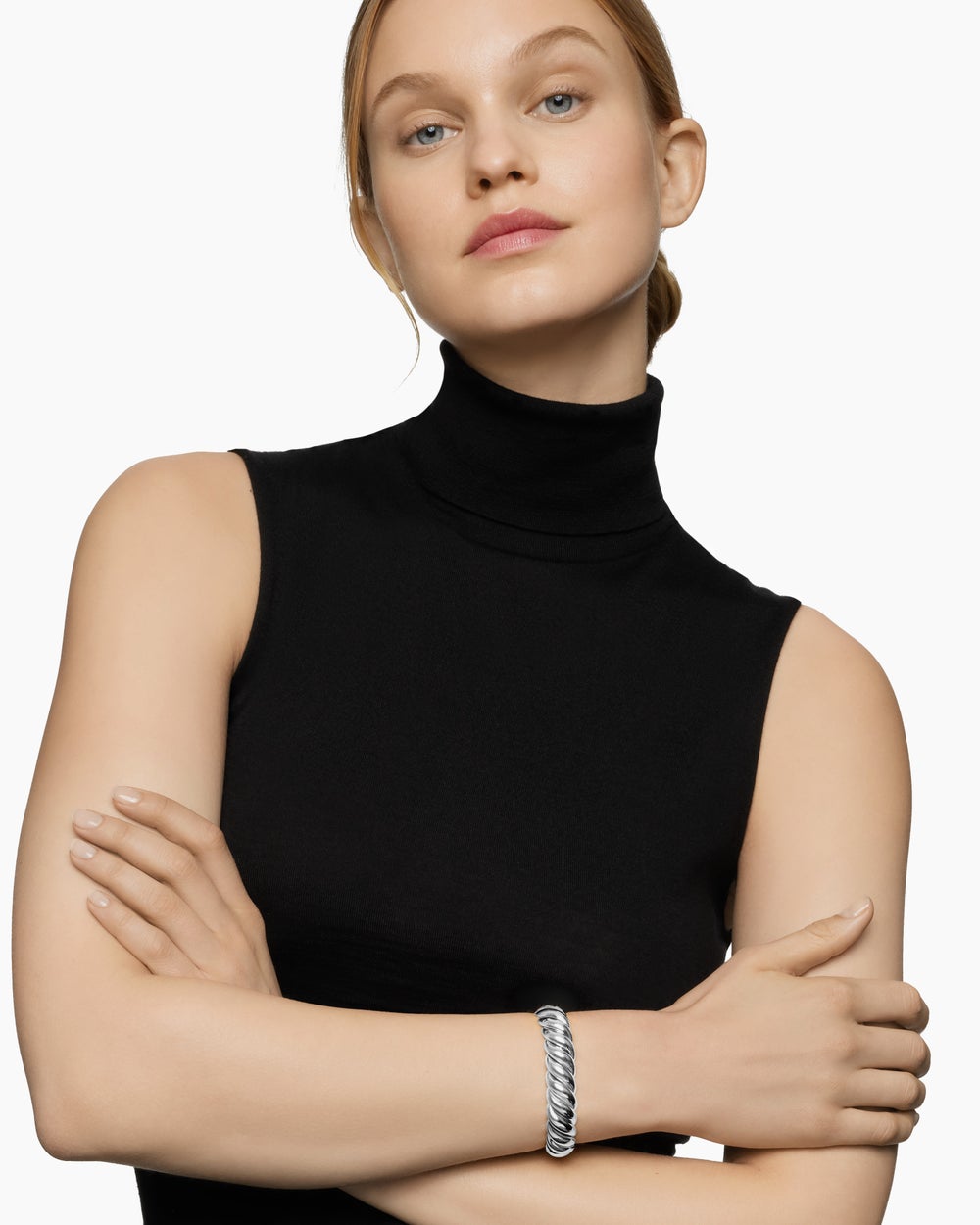 Womens Sculpted Cable Bracelet in Sterling Silver, 14mm