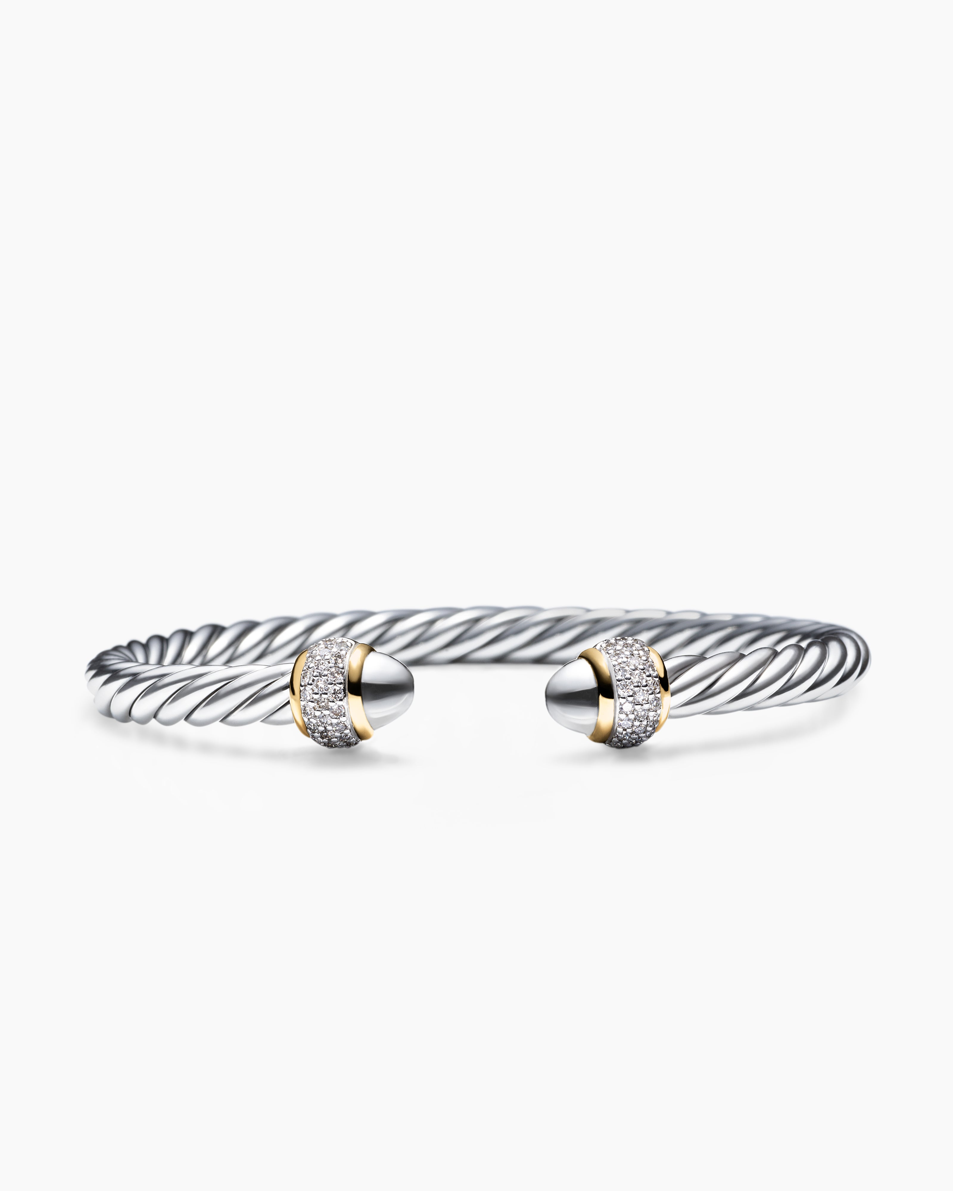 Womens Cable Bracelet in Sterling Silver with 18K Yellow Gold and Diamonds, 5mm
