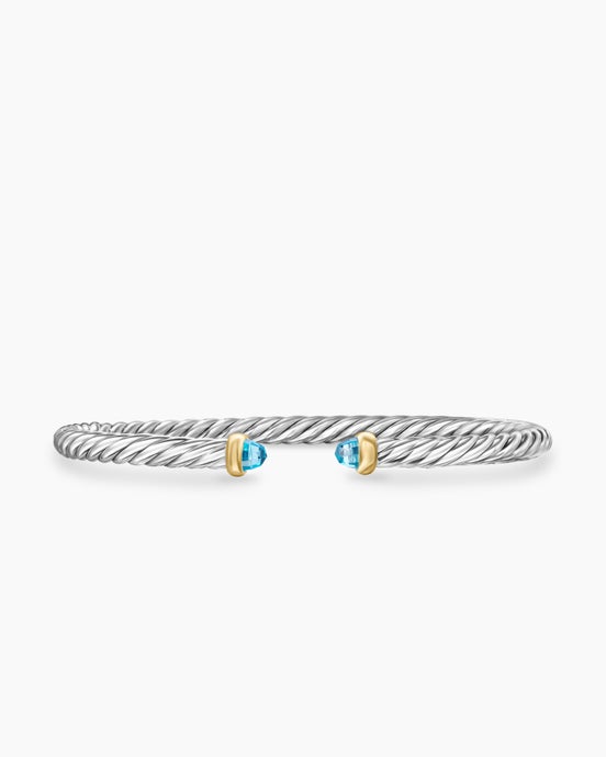 Bracelet Cable Flex® en argent massif avec or jaune 14 carats et topaze bleue, 4 mm