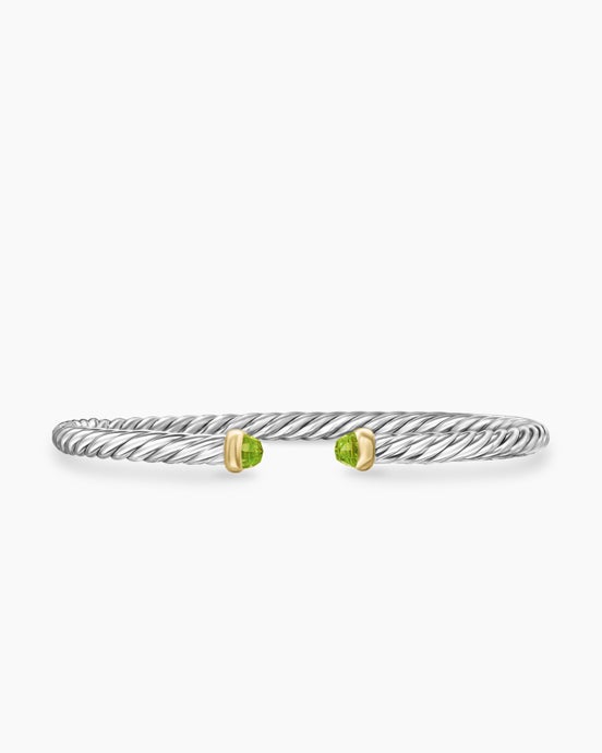 Cable Flex® Bracelet in Sterling Silver with 14ct Yellow Gold and Peridot, 4mm