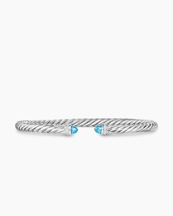 Bracelet Cable Flex® en argent massif avec topaze bleue et diamants, 4 mm