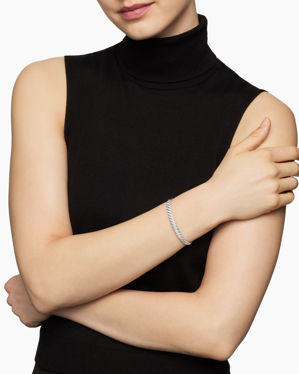 Womens Sculpted Cable Bangle Bracelet in 18K White Gold with Diamonds, 6.2mm