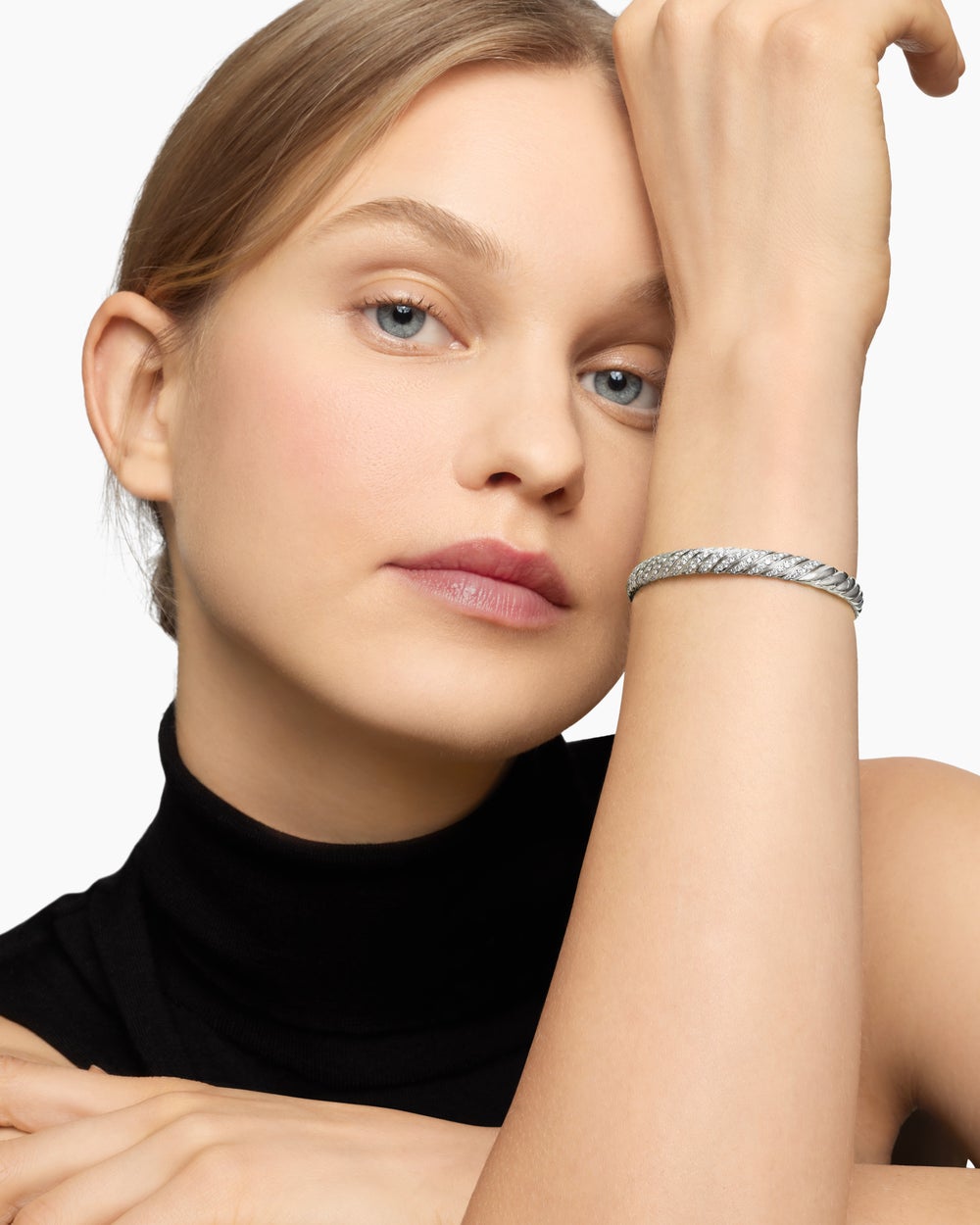 Womens Sculpted Cable Bangle Bracelet in 18K White Gold with Diamonds, 6.2mm