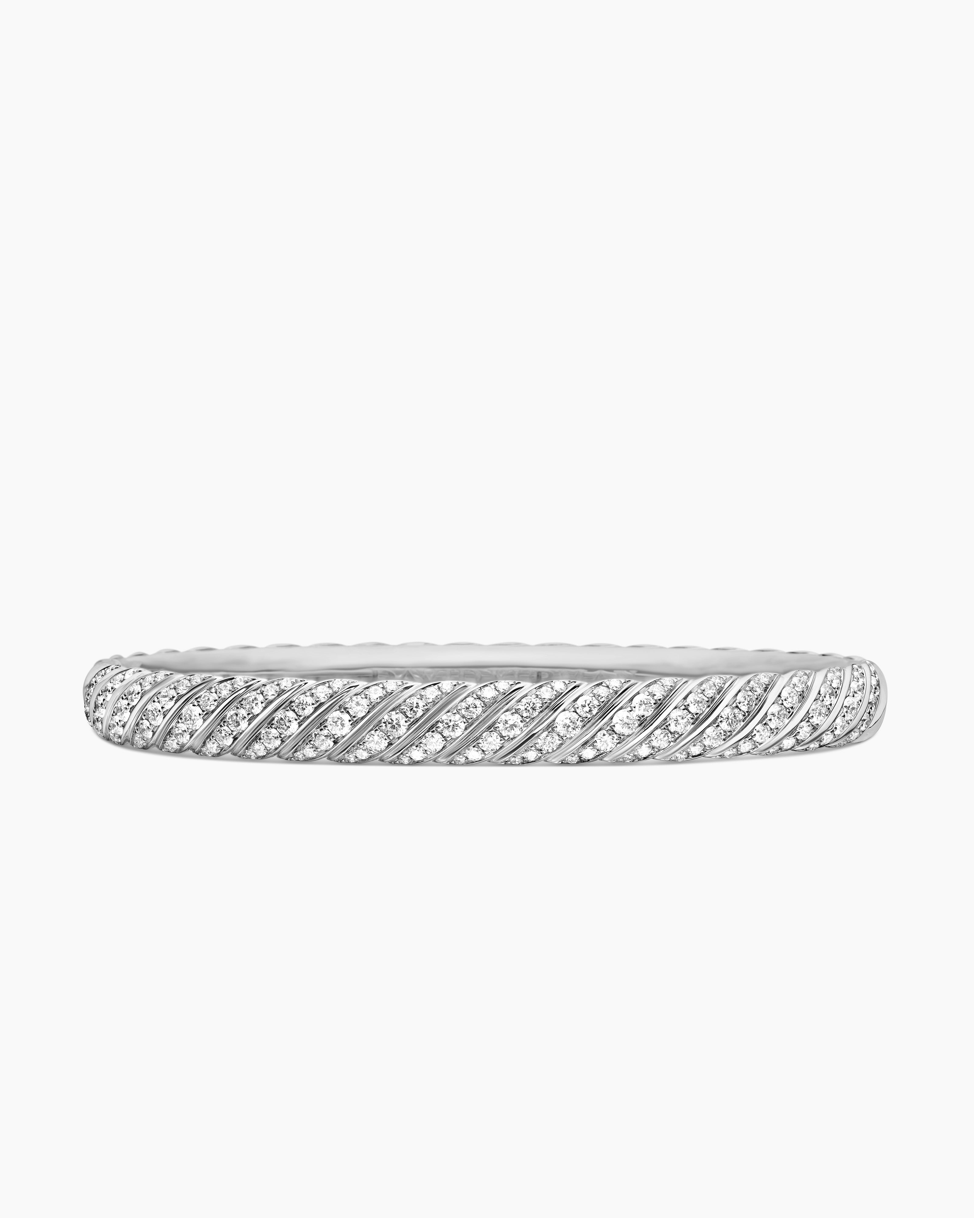Womens Sculpted Cable Bangle Bracelet in 18K White Gold with Diamonds, 6.2mm