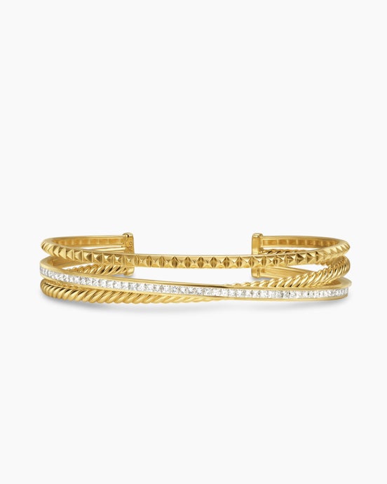 Bracelet manchette Crossover Trio à trois rangs en or jaune 18 carats avec diamants, 11 mm