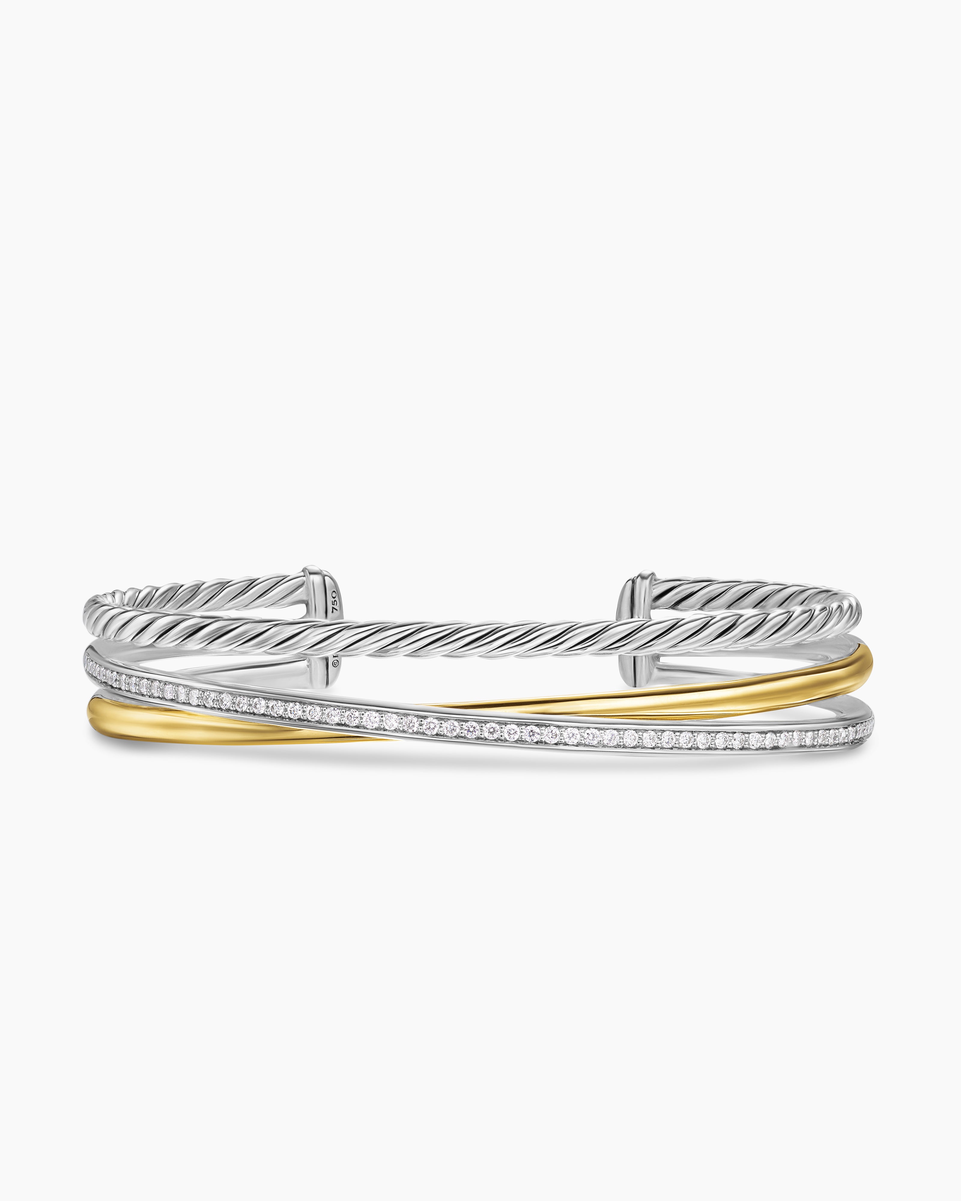 Bracelet Crossover &agrave; trois rangs en argent massif avec or jaune 18 carats et diamants, 11 mm femme 