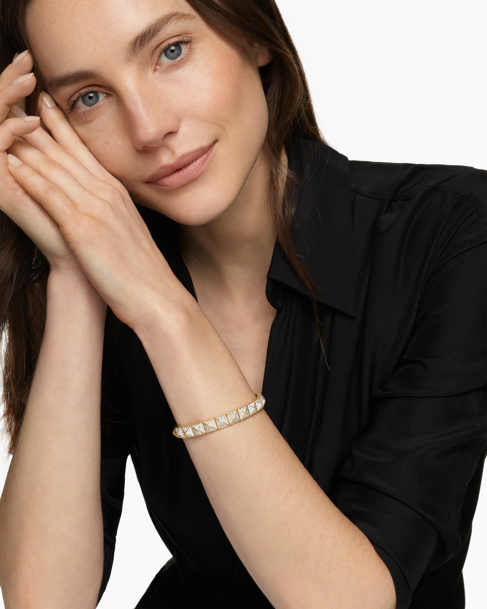 Womens Pyramid Cuff Bracelet in 18K Yellow Gold with Diamonds, 8mm