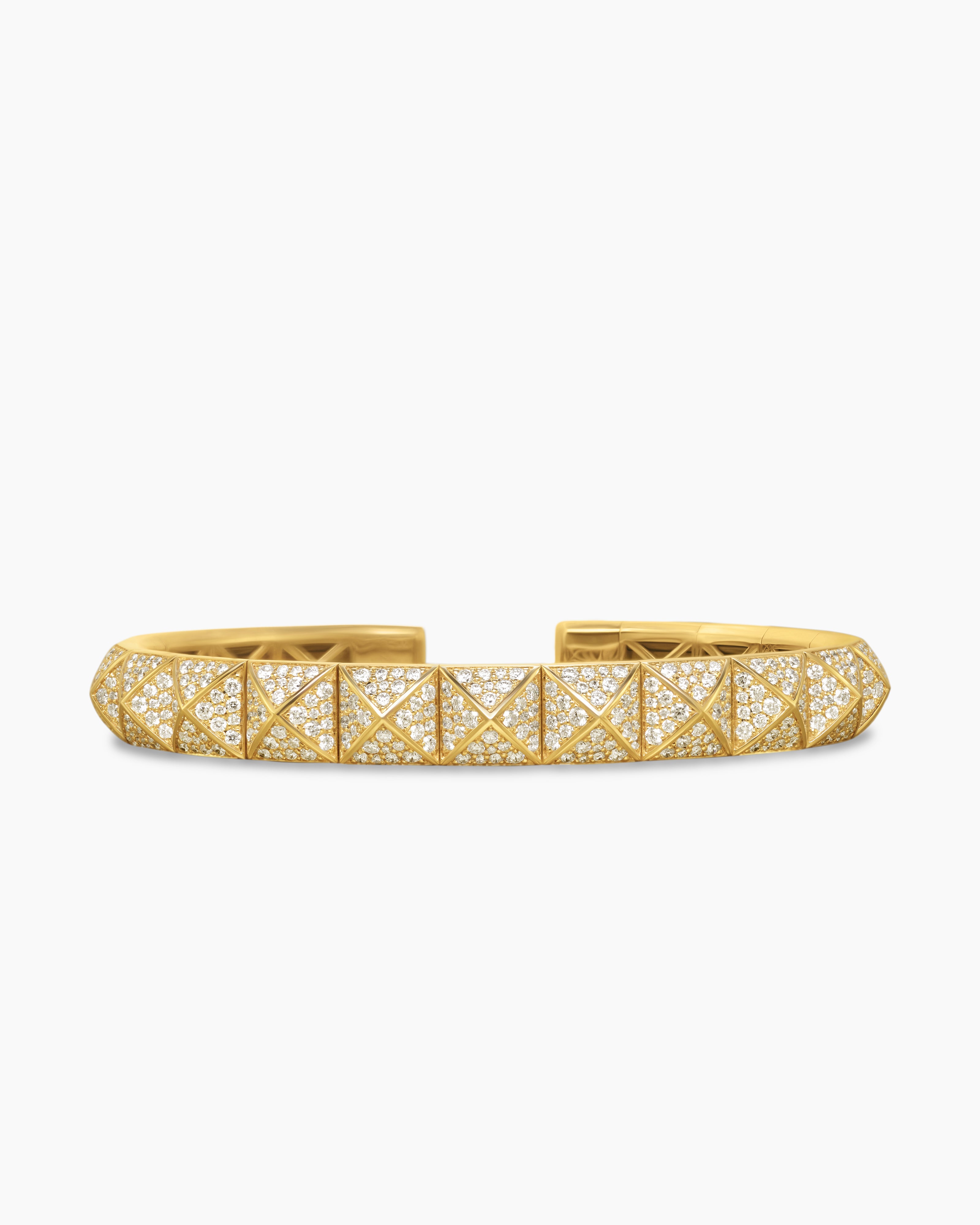Womens Pyramid Cuff Bracelet in 18K Yellow Gold with Diamonds, 8mm