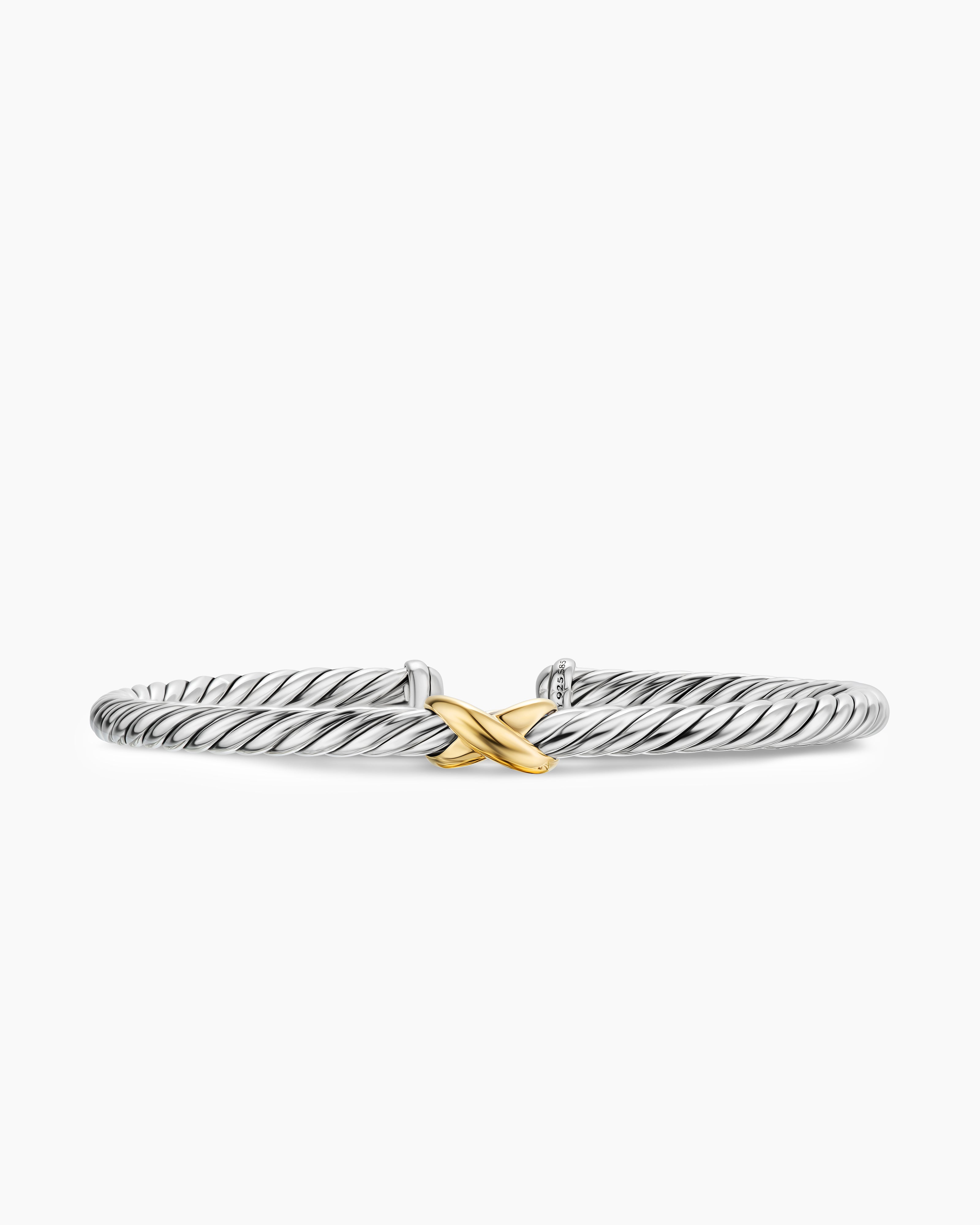 Womens Cable Flex X Station Bracelet in Sterling Silver with 14K Yellow Gold, 4mm