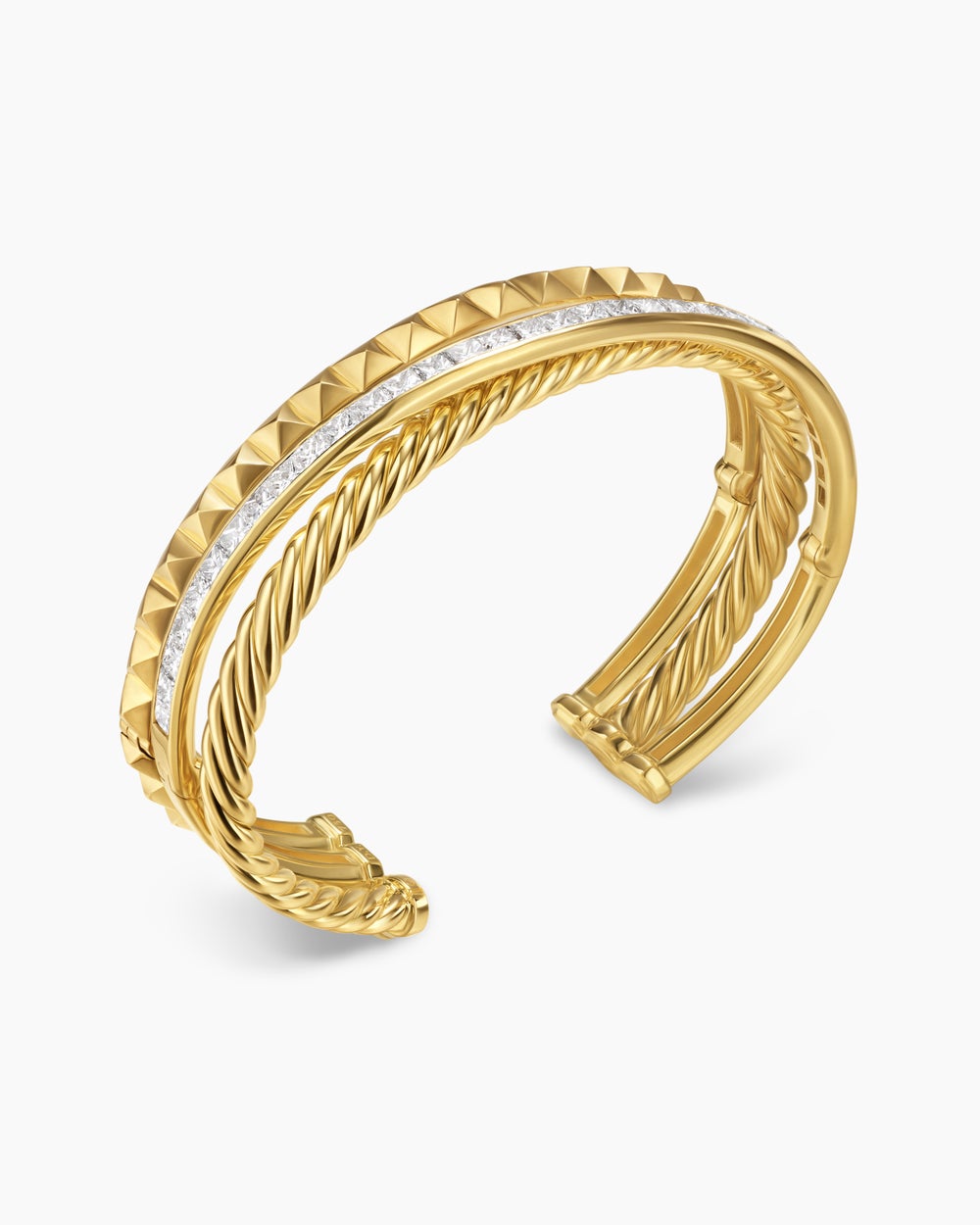 Womens Crossover Trio Three Row Cuff Bracelet in 18K Yellow Gold with Diamonds, 20mm
