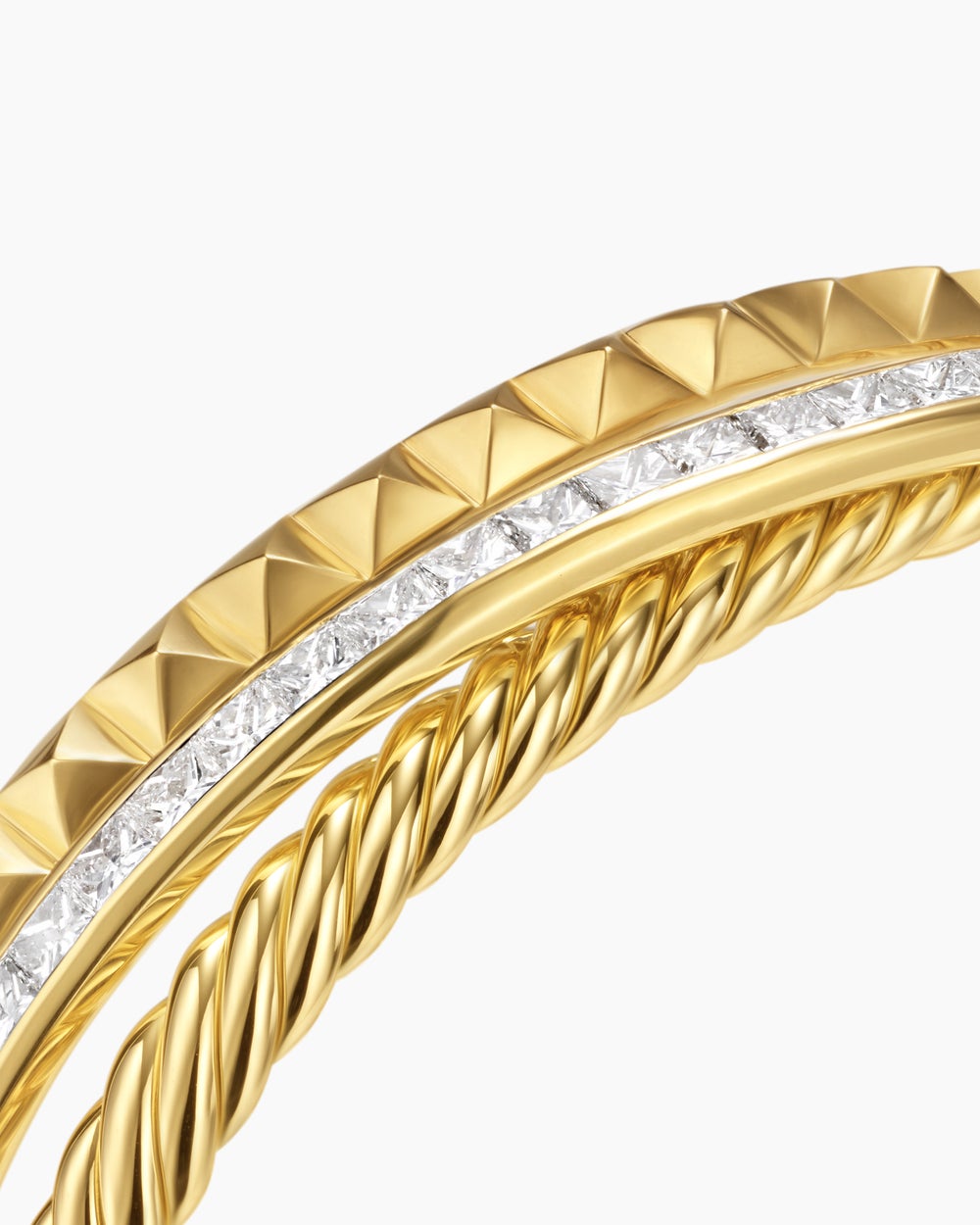 Womens Crossover Trio Three Row Cuff Bracelet in 18K Yellow Gold with Diamonds, 20mm
