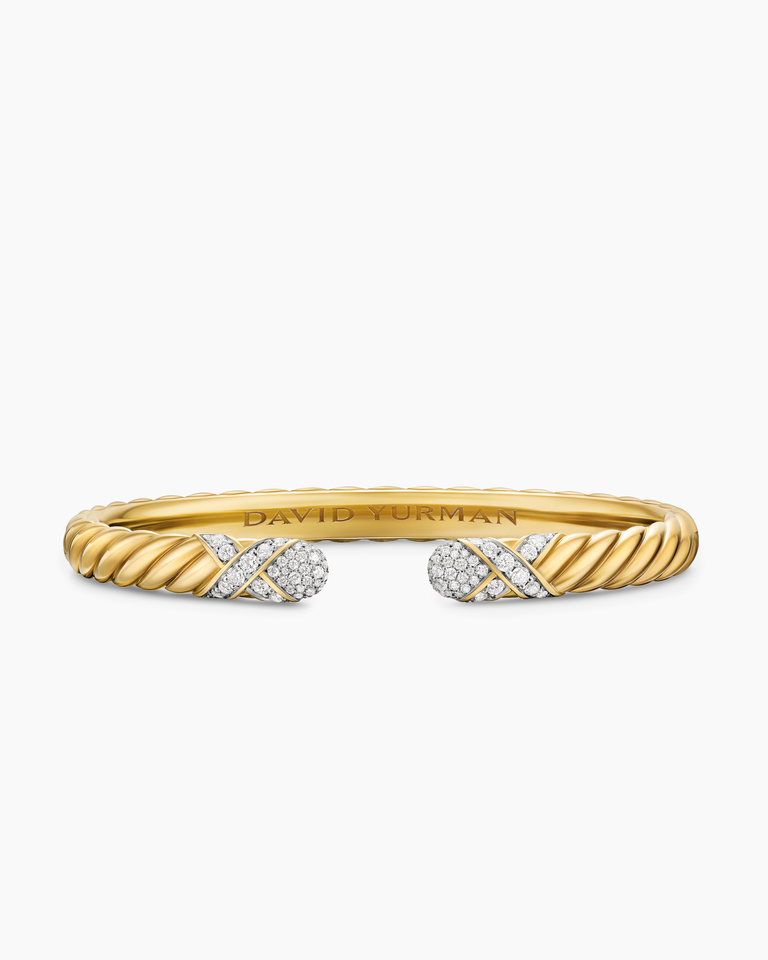 Womens Sculpted Cable X Cuff Bracelet in 18K Yellow Gold with Diamonds, 6.2mm