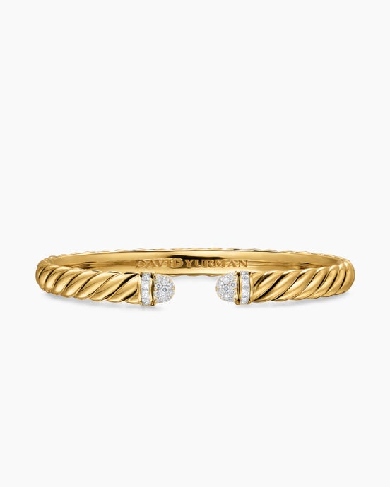 Sculpted Cable Cuff Bracelet in 18K Yellow Gold with Pavé Diamond Domes, 6.2mm
