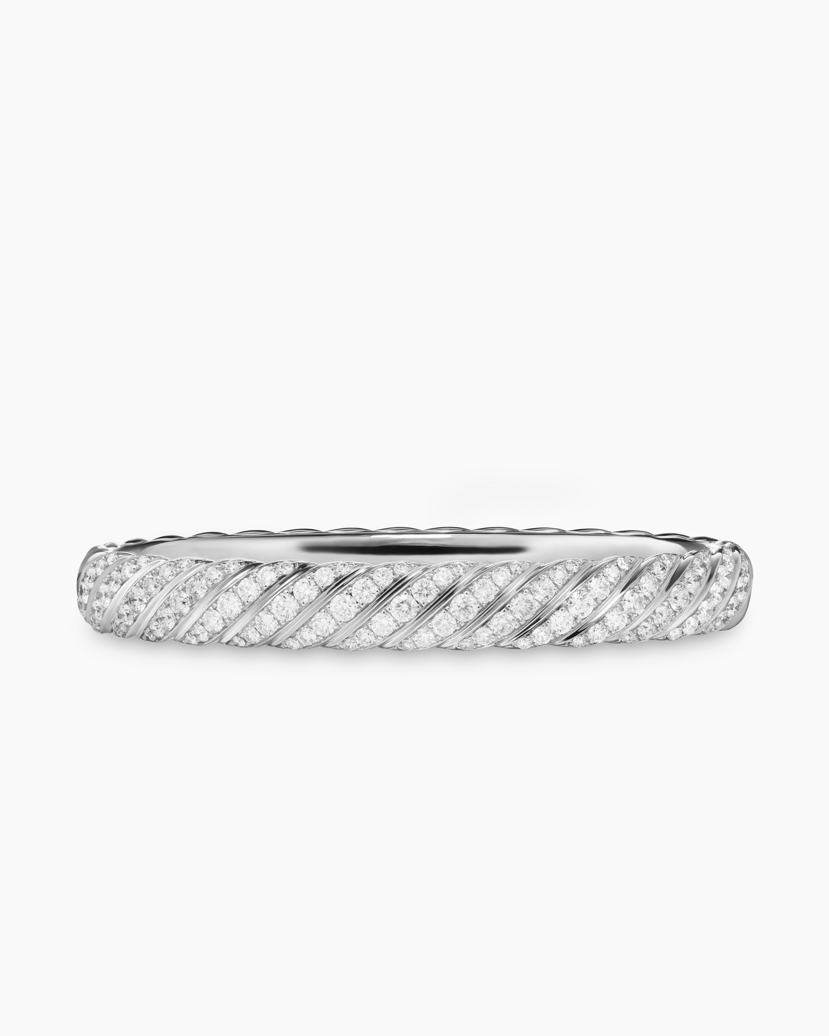 Womens Sculpted Cable Bangle Bracelet in 18K White Gold with Diamonds, 8mm