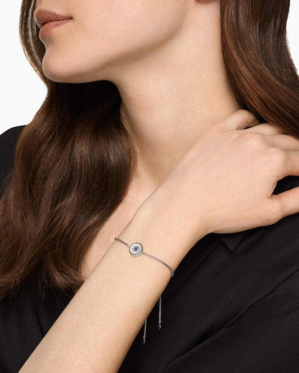 Womens Cable Collectibles® Evil Eye Bracelet in Sterling Silver with Pavé Blue Sapphires and Diamonds, 11mm