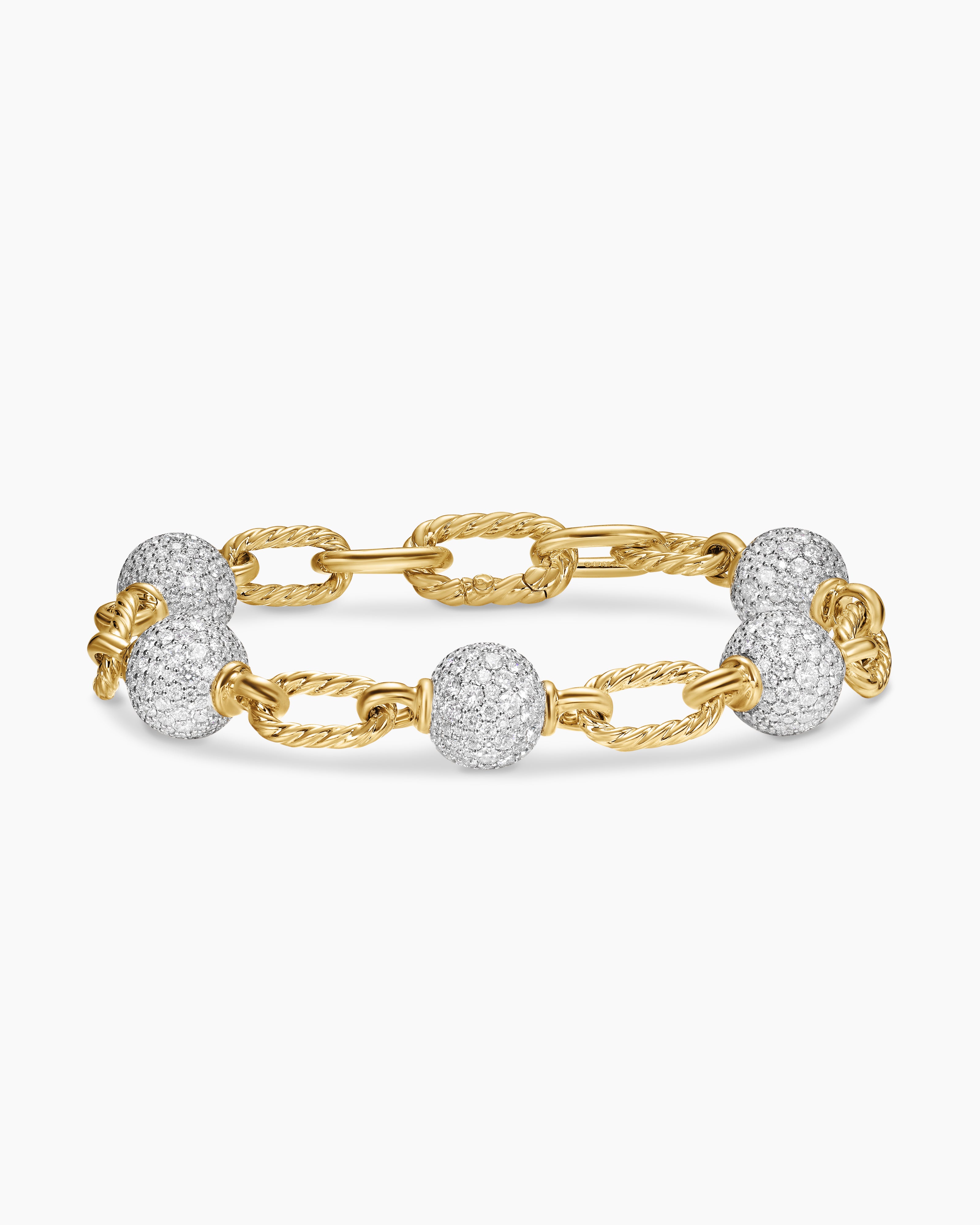 Womens DY Madison Pav&eacute; Bead Chain Bracelet in 18K Yellow Gold, 8.5mm