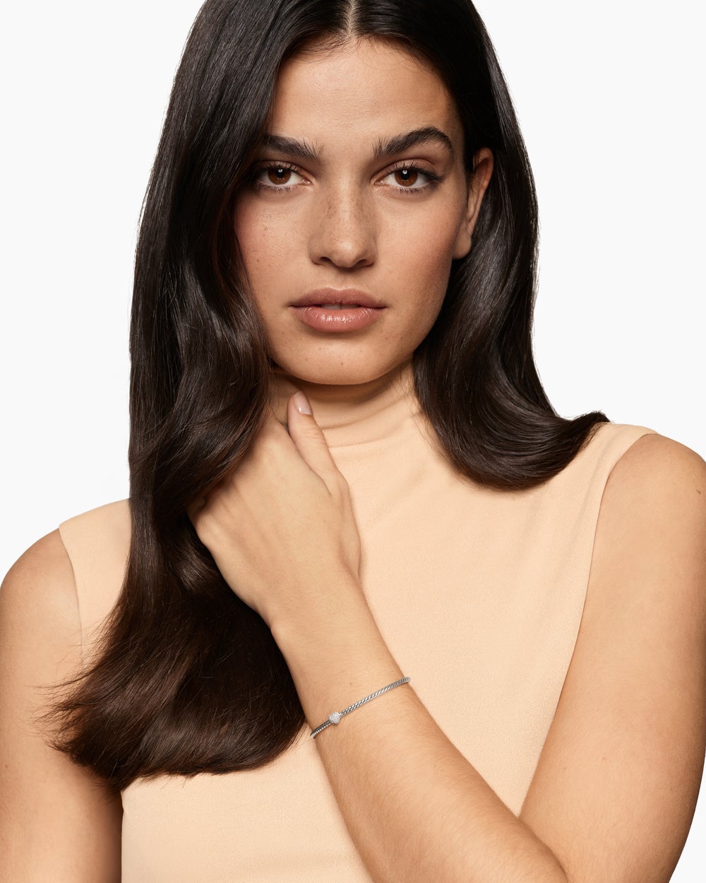 Womens Micro Cable Flex Heart Station Bracelet in Sterling Silver with Diamonds, 2.6mm