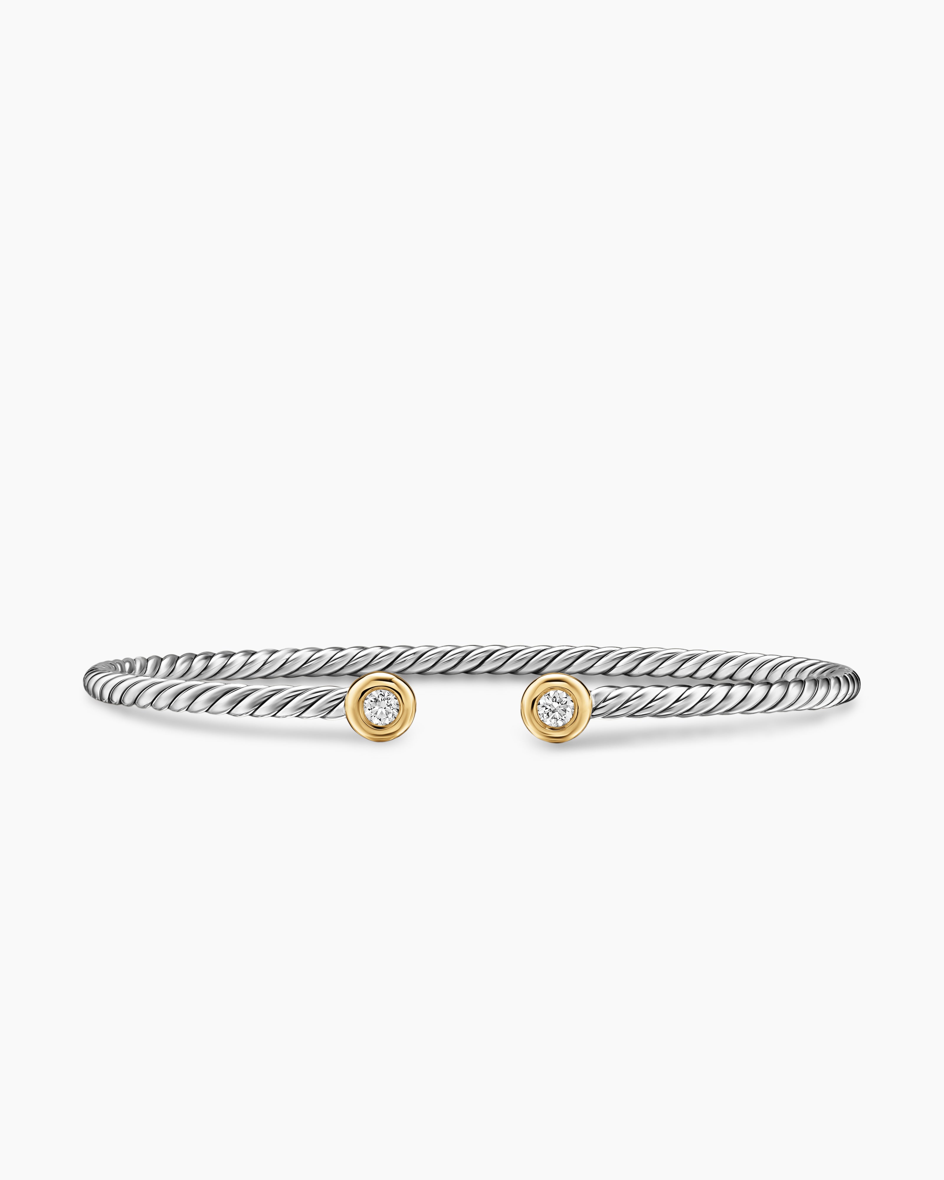 Womens Micro Cable Flex Round Bracelet in Sterling Silver with 14K Yellow Gold and Diamonds, 2.6mm