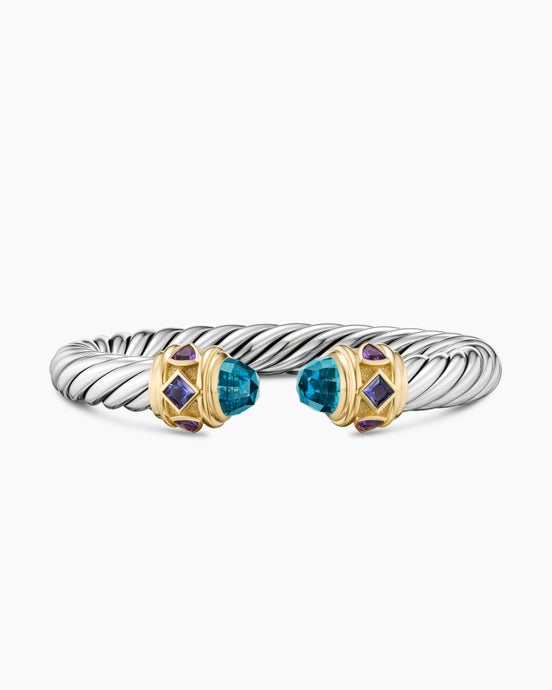 Bracelet Cable Flex® Renaissance® en argent massif avec or jaune 14 carats, topaze bleue Hampton, iolite et améthyste, 9 mm