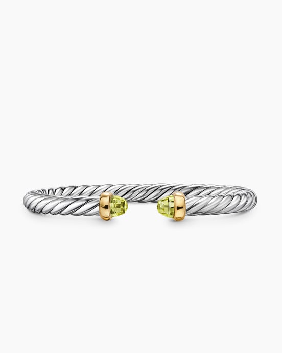 Cable Flex® Bracelet in Sterling Silver with 14ct Yellow Gold and Peridot, 6mm