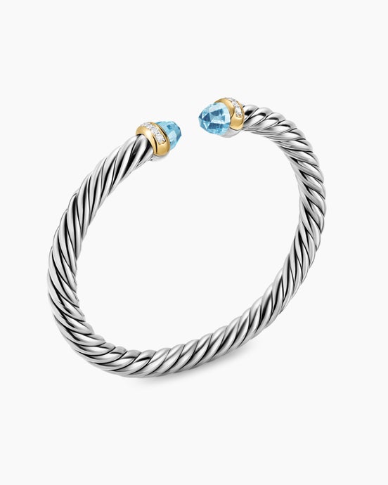 Bracelet Cable Flex® en argent massif avec or jaune 14 carats, topaze bleu ciel et diamants, 6 mm