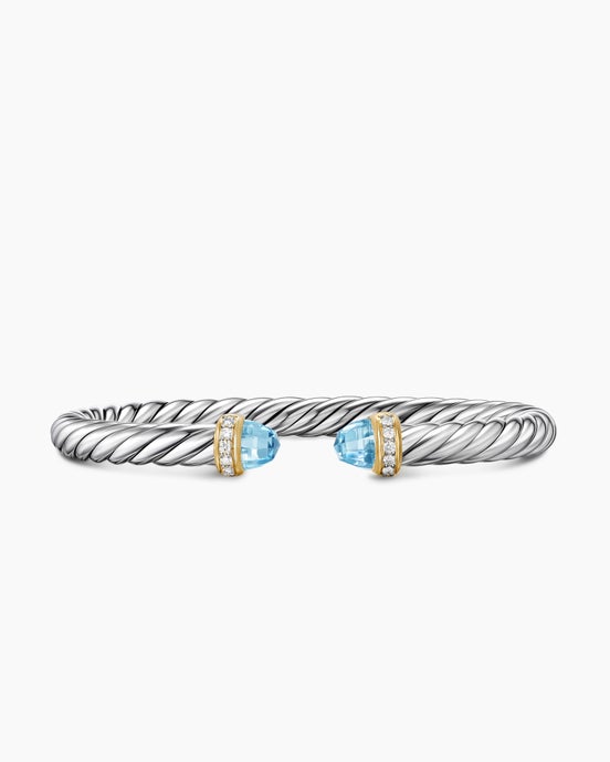 Bracelet Cable Flex® en argent massif avec or jaune 14 carats, topaze bleu ciel et diamants, 6 mm