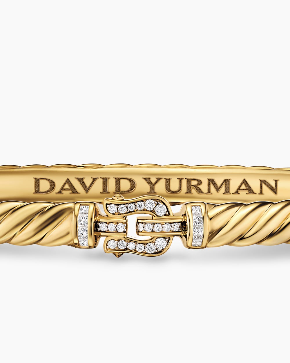 Womens Sculpted Cable Buckle Bracelet in 18K Yellow Gold with Diamonds, 4.6mm