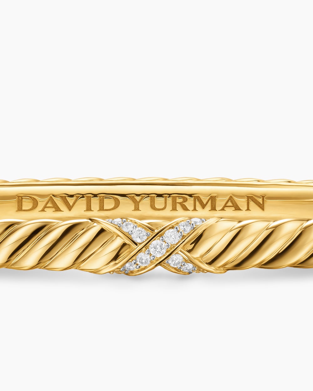 Womens Sculpted Cable X Bracelet in 18K Yellow Gold with Diamonds, 4.6mm
