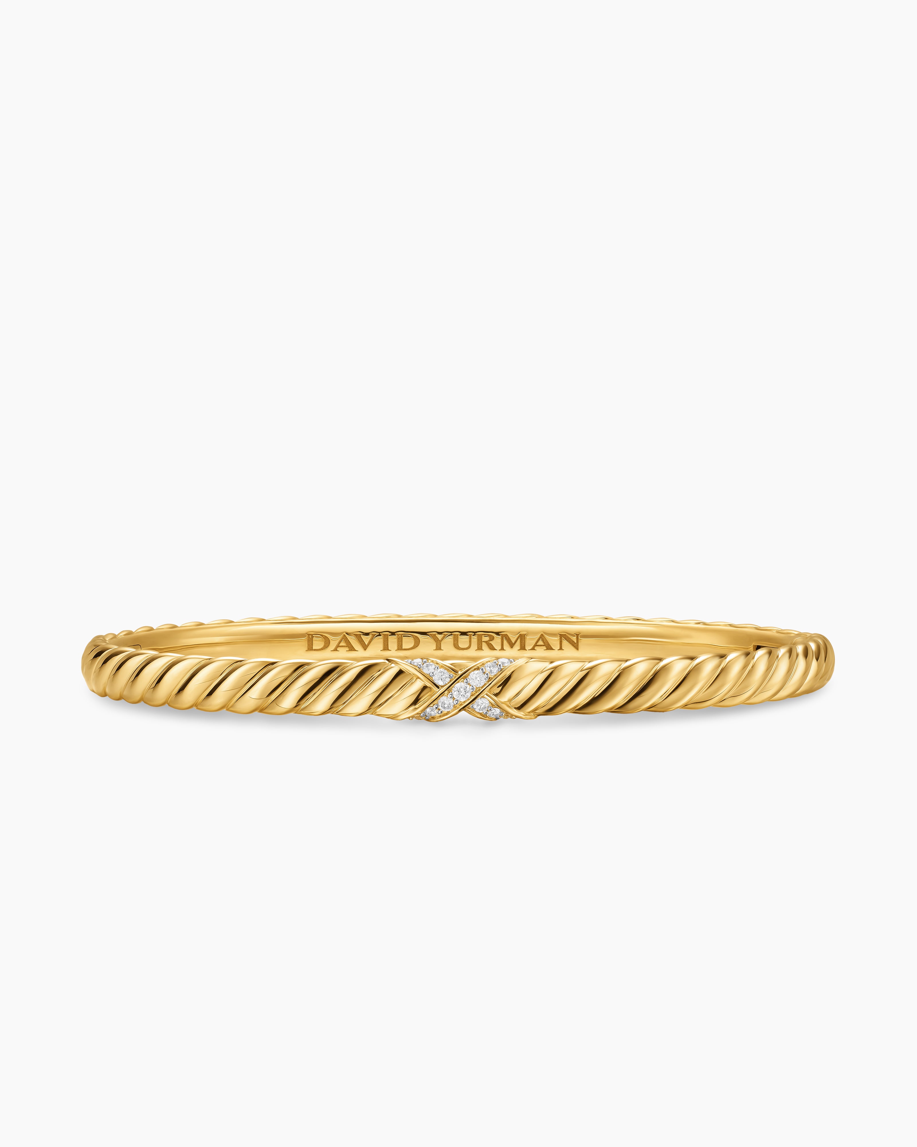 Womens Sculpted Cable X Bracelet in 18ct Yellow Gold with Diamonds, 4.6mm