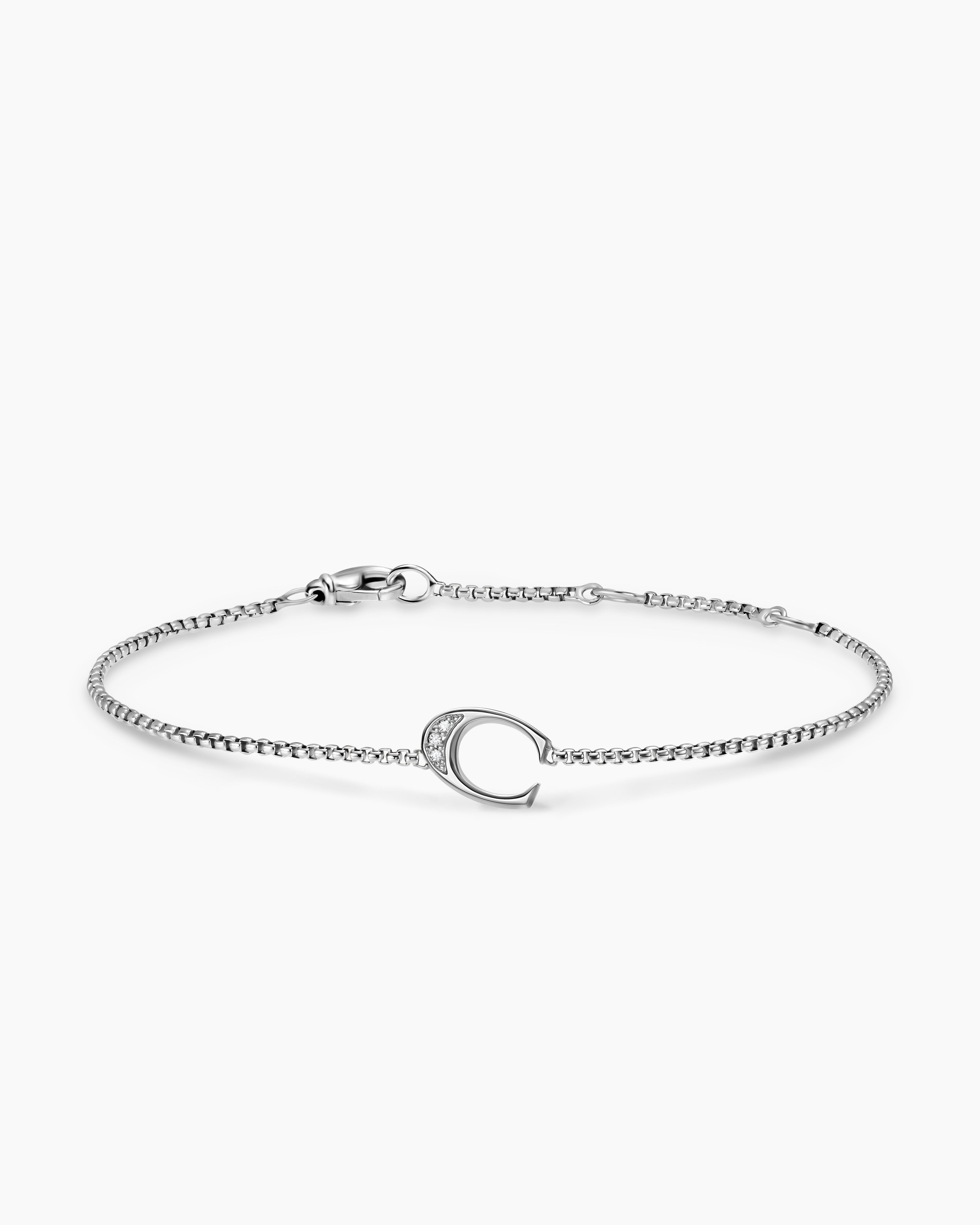 Womens Petite Initial Chain Bracelet in Sterling Silver with Diamond C