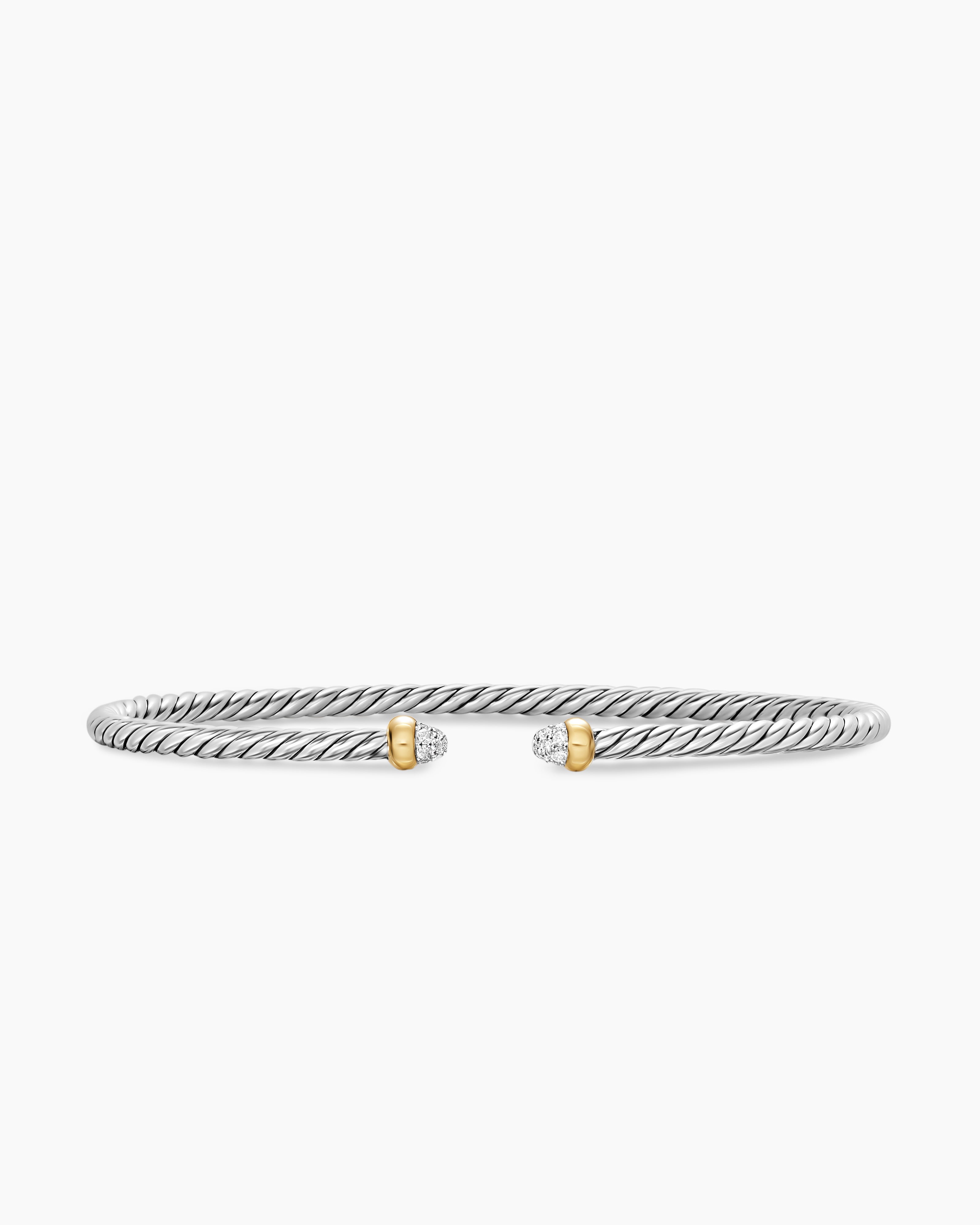 Womens Micro Cable Flex Bracelet in Sterling Silver with 14K Yellow Gold with Pav&eacute; Domes, 2.6mm