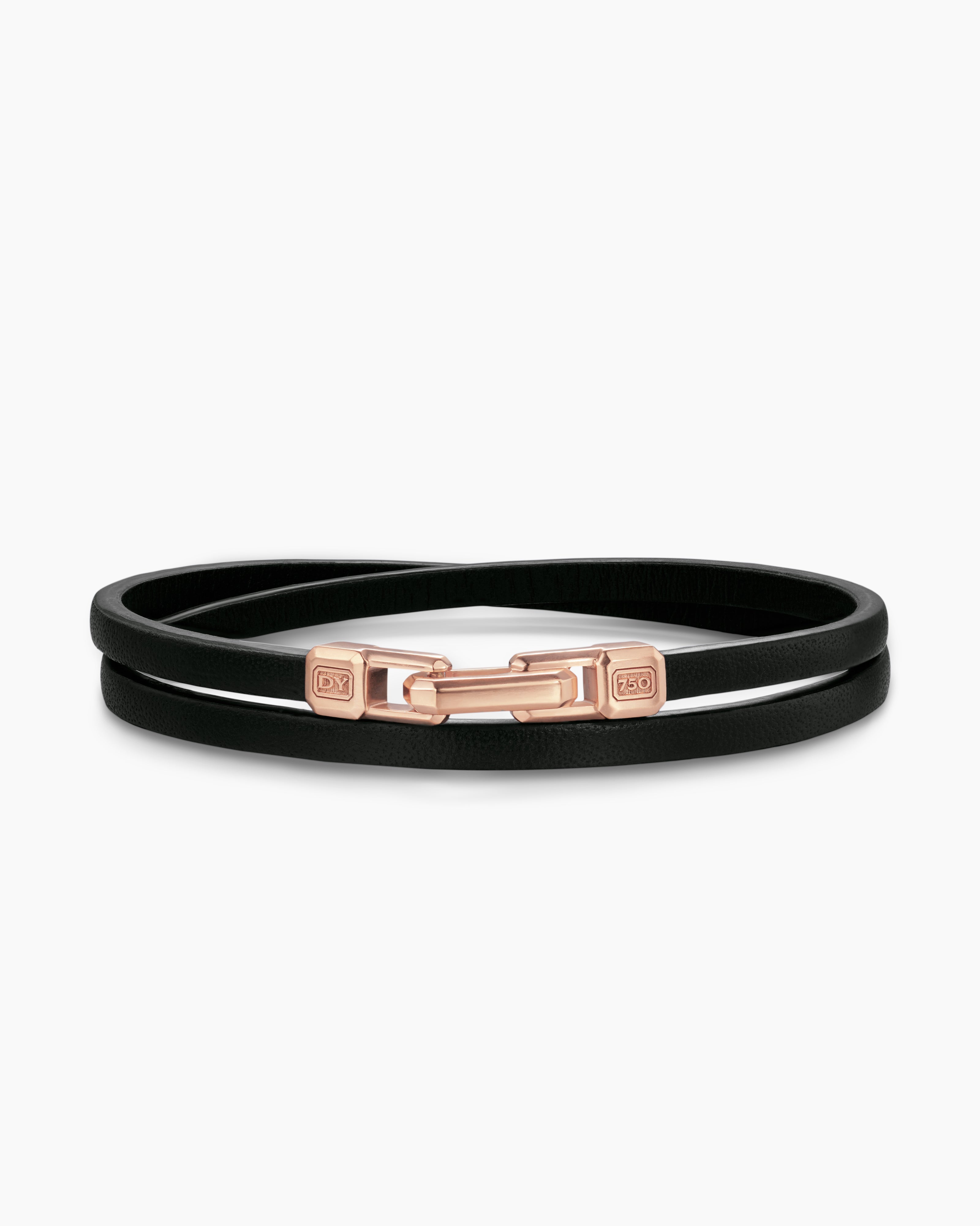Mens Streamline Double Wrap Leather Bracelet with 18K Rose Gold, 5.2mm