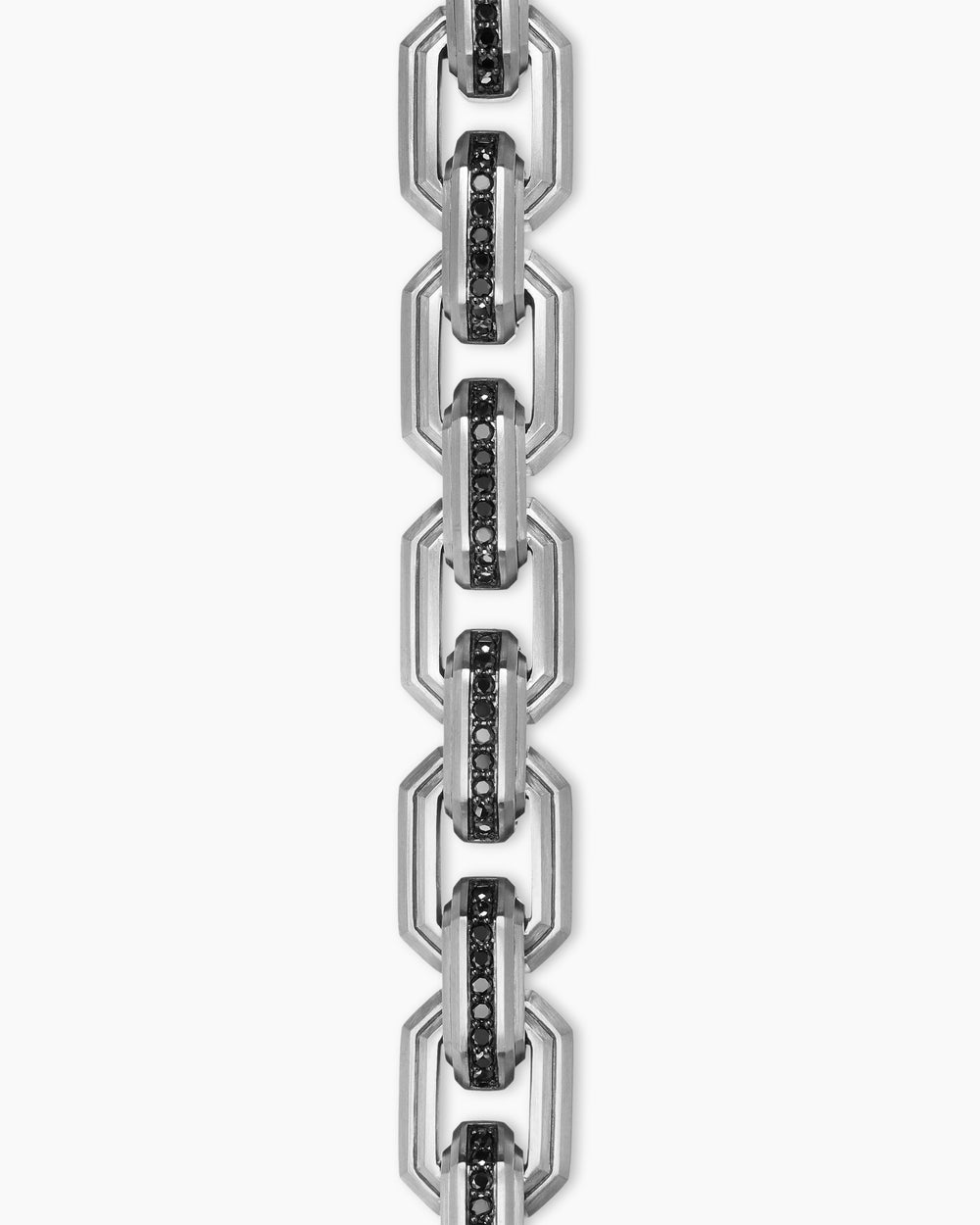 Mens Faceted Flat Link Bracelet in Sterling Silver with Black Diamonds, 11mm