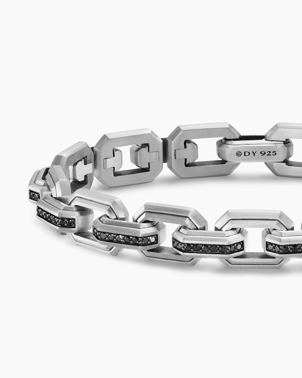 Mens Faceted Flat Link Bracelet in Sterling Silver with Black Diamonds, 11mm