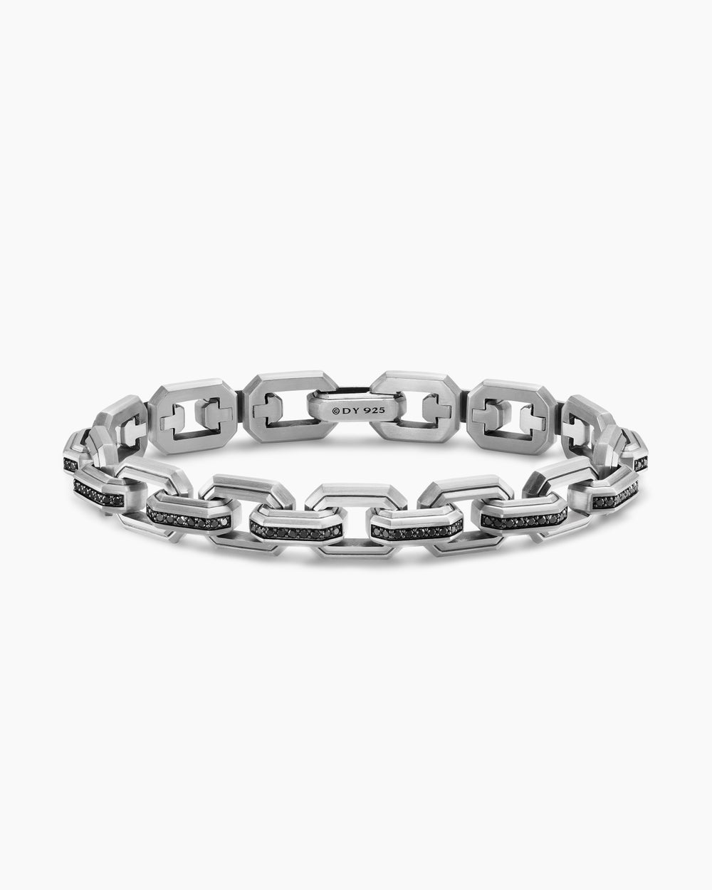 Mens Faceted Flat Link Bracelet in Sterling Silver with Black Diamonds, 11mm